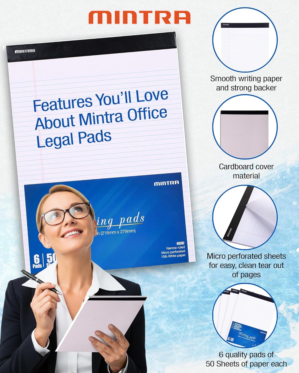 Mintra Office Legal Pads - ((BASIC WHITE 6pk, 8.5in x 11in, NARROW RULED))