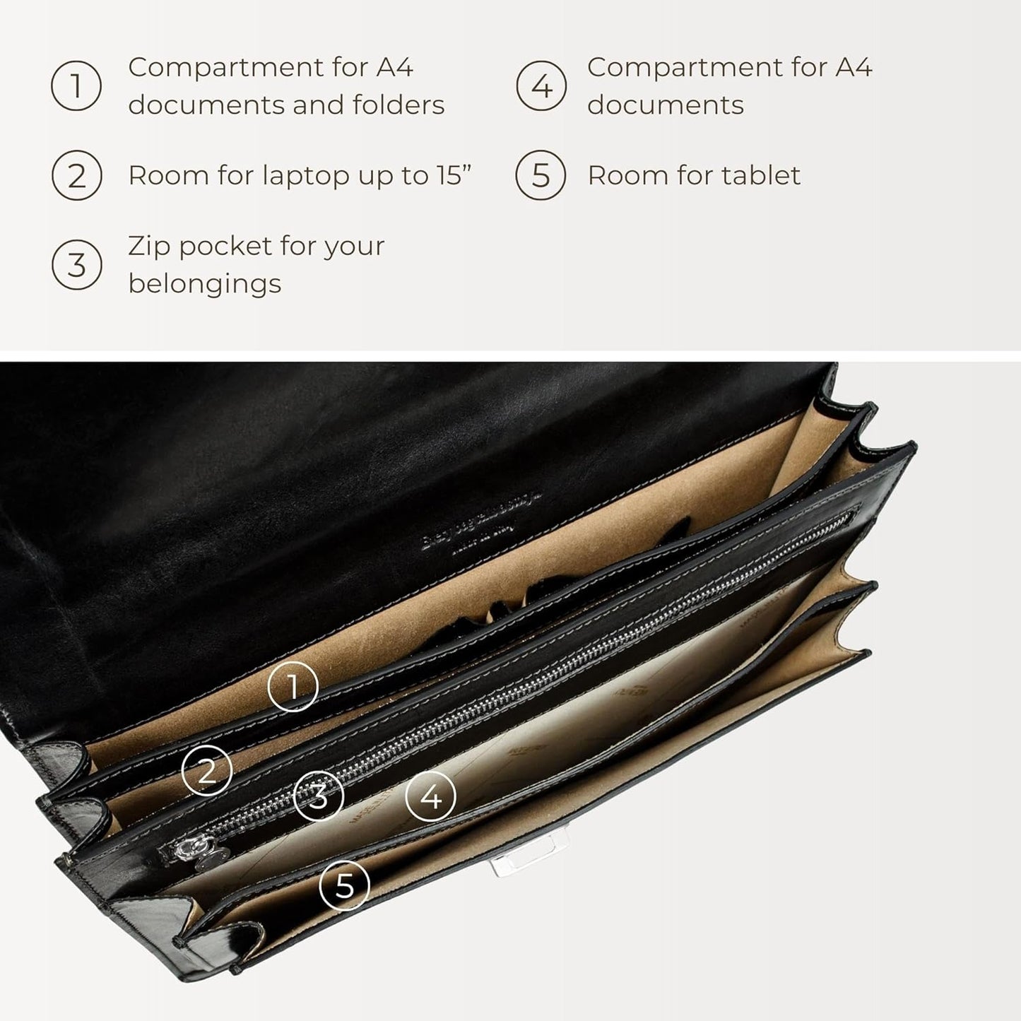 Time Resistance Leather Briefcase for Men - Business Laptop Bag - Italian Handmade Leather Bag - Attache - Gift Box Included