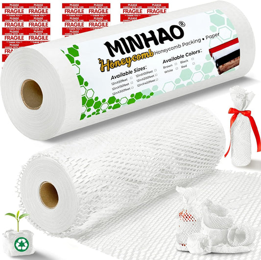 Honeycomb Packing Paper, 12"x400' White | Perforated Honeycomb Packing Paper Recyclable Moving Supplies for Shipping & Moving | Plastic-Free Alternative to Bubble Cushion Wrap with 36 Fragile Stickers