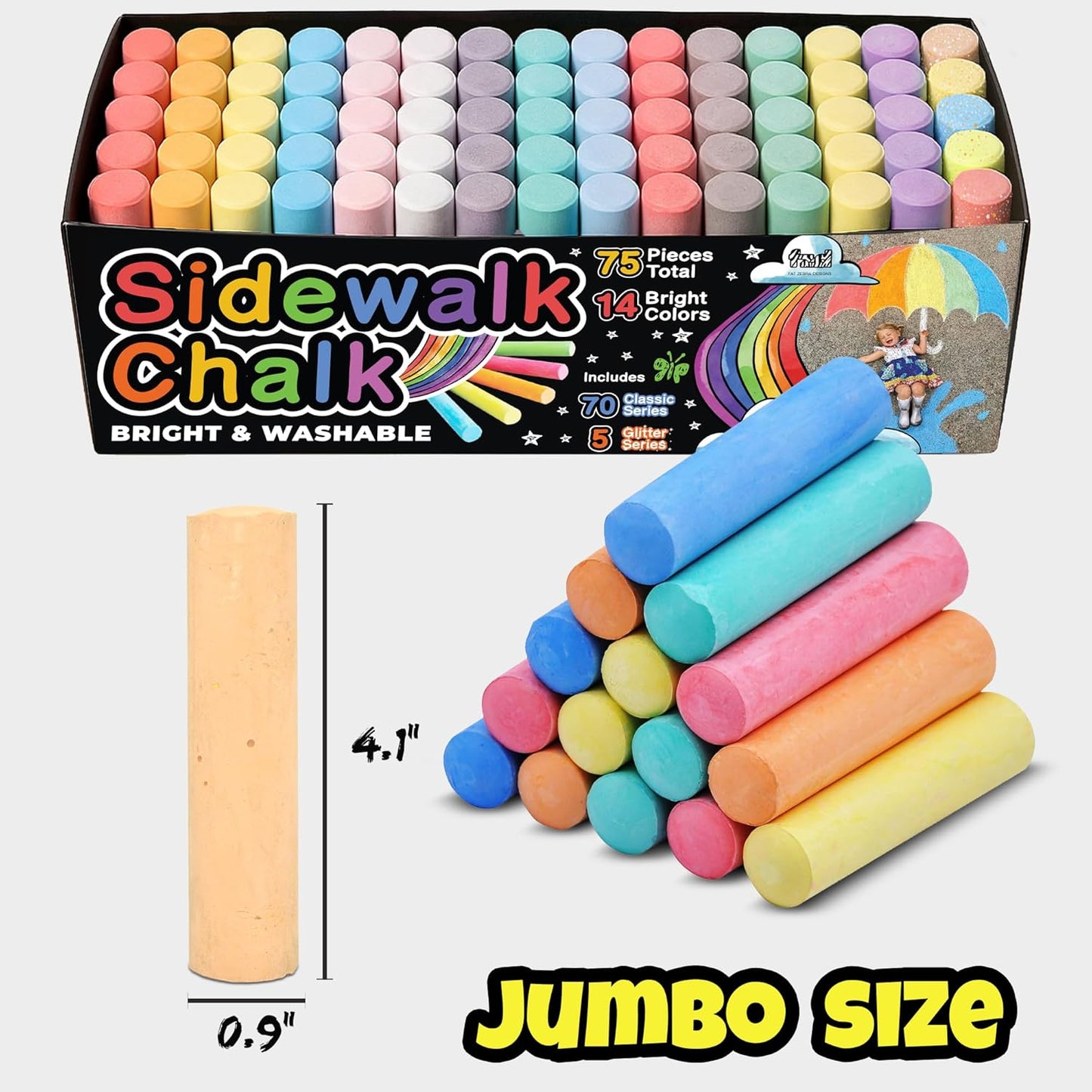 75 PCS Sidewalk Chalk for Kids - 14 Colors, 5 Glitter, Non-Toxic Washable Jumbo Chalks - Bulk Set of Outdoor Paint for Kids and Toddlers - Chalkboard Toys - Big Bucket Chalk for Party