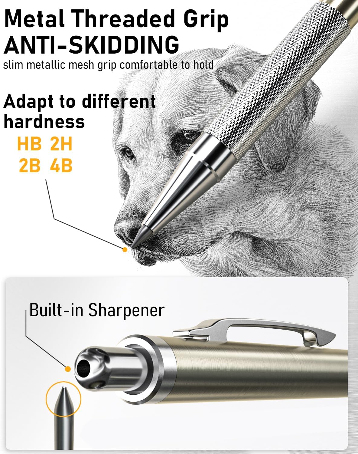 Nicpro 6PCS Metal Mechanical Pencil Set, Full Copper Drafting Pencil 0.3, 0.5, 0.7, 0.9 mm & 2PCS 2mm Graphite Lead Holder(4B 2B HB 2H) For Art Sketching Drawing With Lead Refills Eraser Case