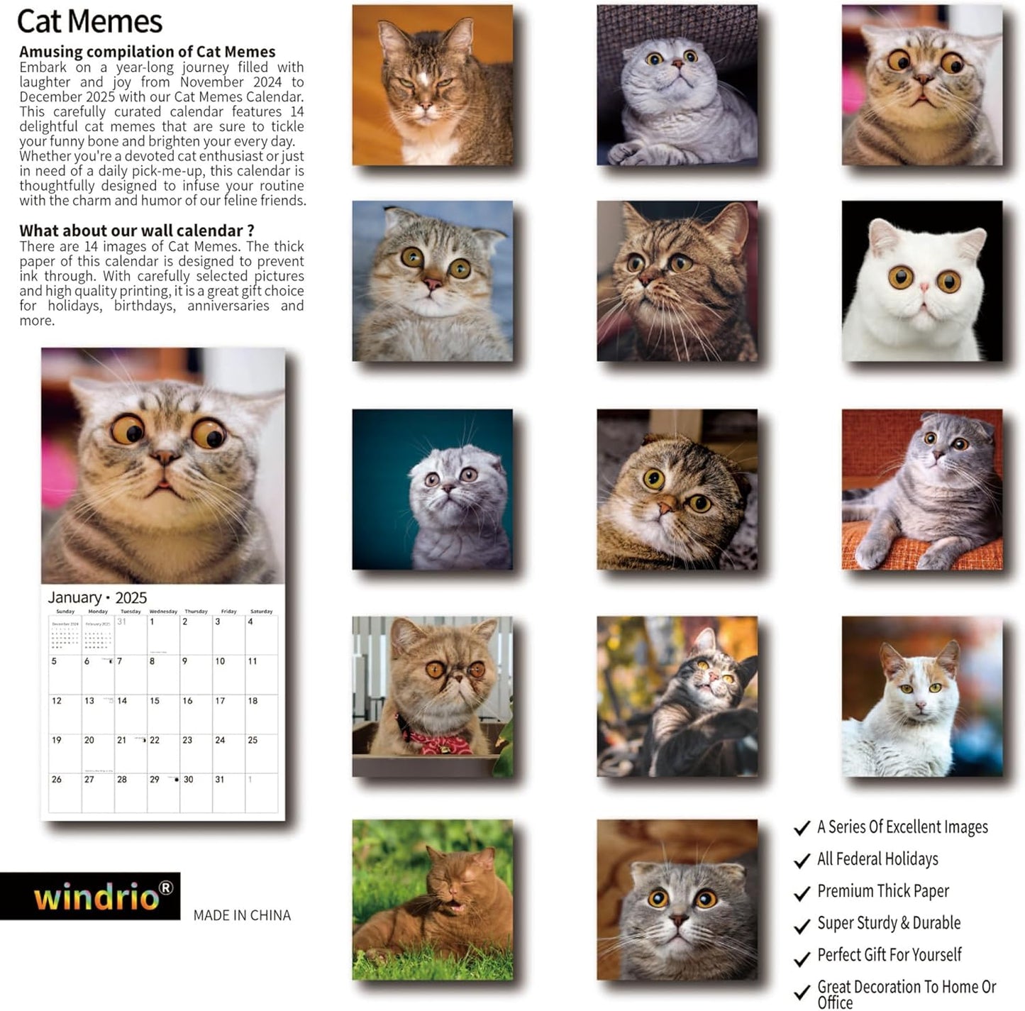2025 Wall Calendar,Funny Calendar 2025, January 2025 - December 2025, Wall Calendar Funny Animal Memes, 12" x 24" Opened, Full Page 12 Months Thick Paper for Gift Calendar Organizing Planning