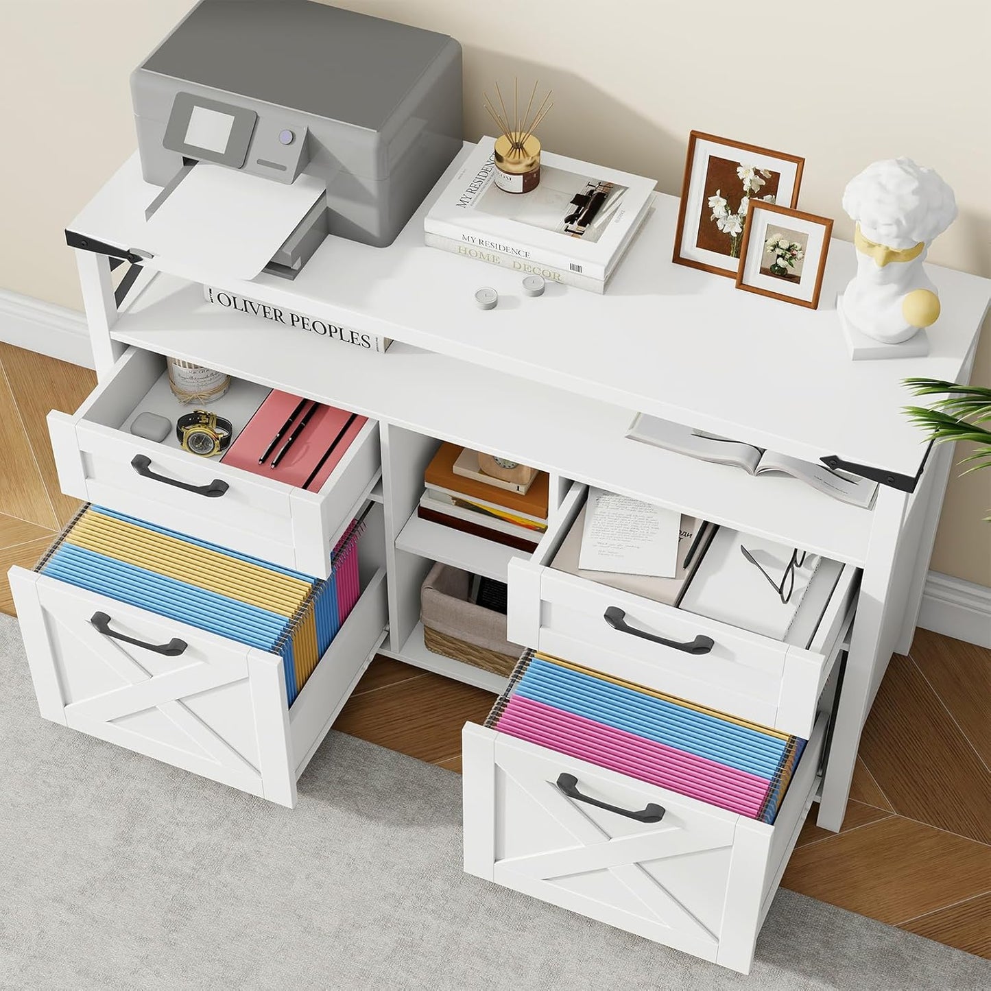 Farmhouse Filing Cabinet with Adjustable Shelf for Home Office, Lateral File Cabinets 4 Drawers with Open Storage Shelf, Filing Organization Storage Cabinets for Hanging Files Letter/A4.(White)