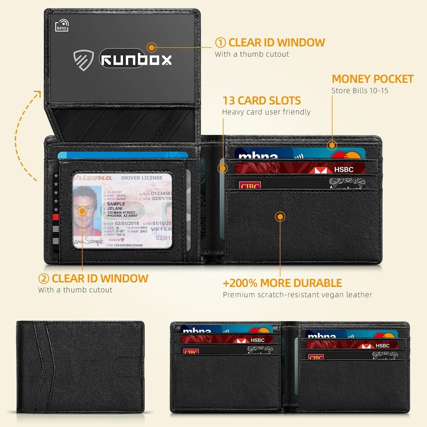 RUNBOX Wallet for Men Slim Rfid Leather 2 ID Window With Gift Box