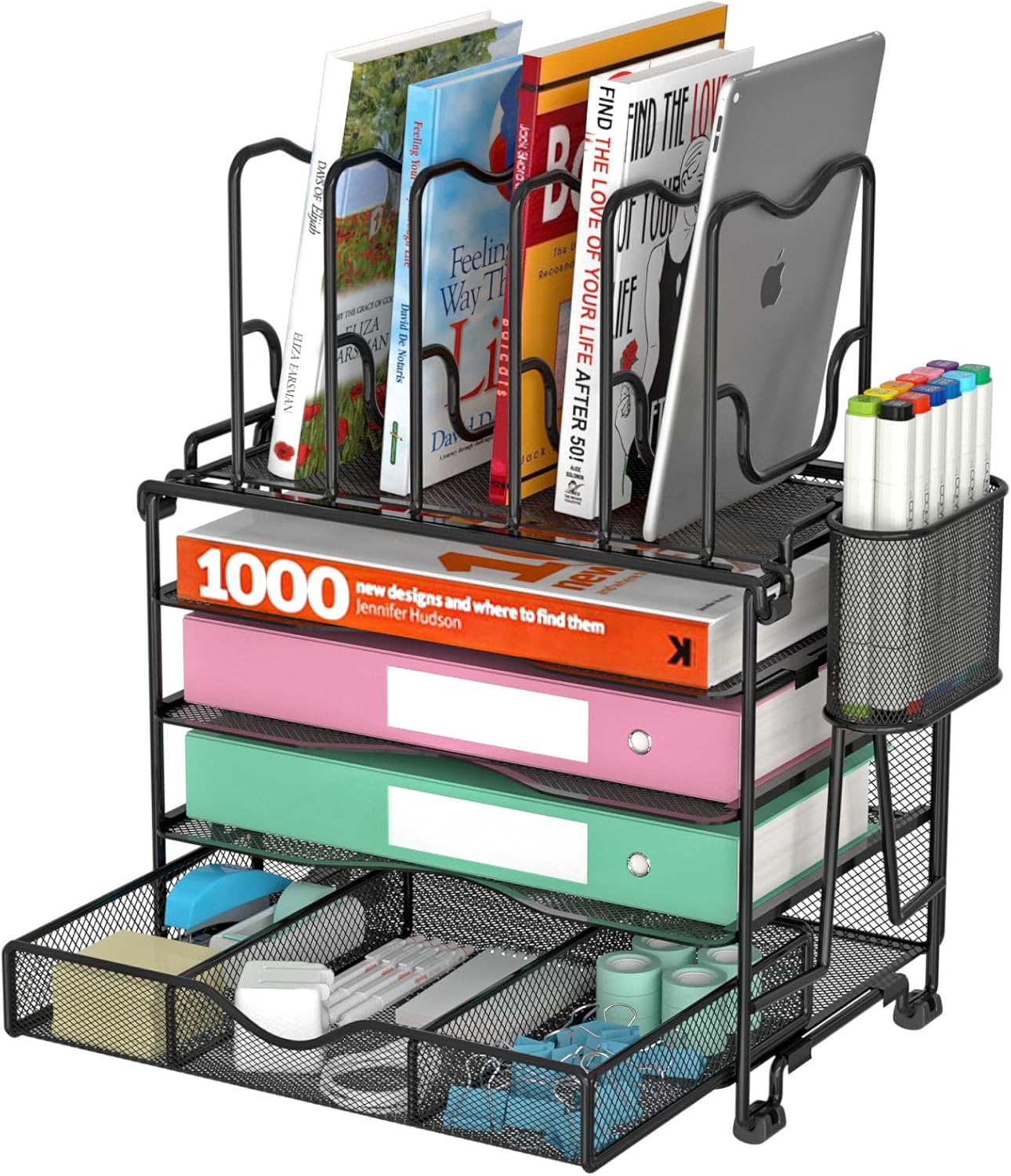 Mesh Desk Organizer, 3-IN-1 Desktop Organizer with 4 Tier Tray and 5 Upright Sections, File Organizer for Desk with Sliding Drawer, Black