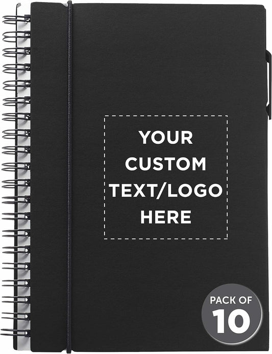 DISCOUNT PROMOS Custom Spiral Notebooks with Elastic Closure Set of 10, Personalized Bulk Pack - Perfect for School, Office, Business and More - Black