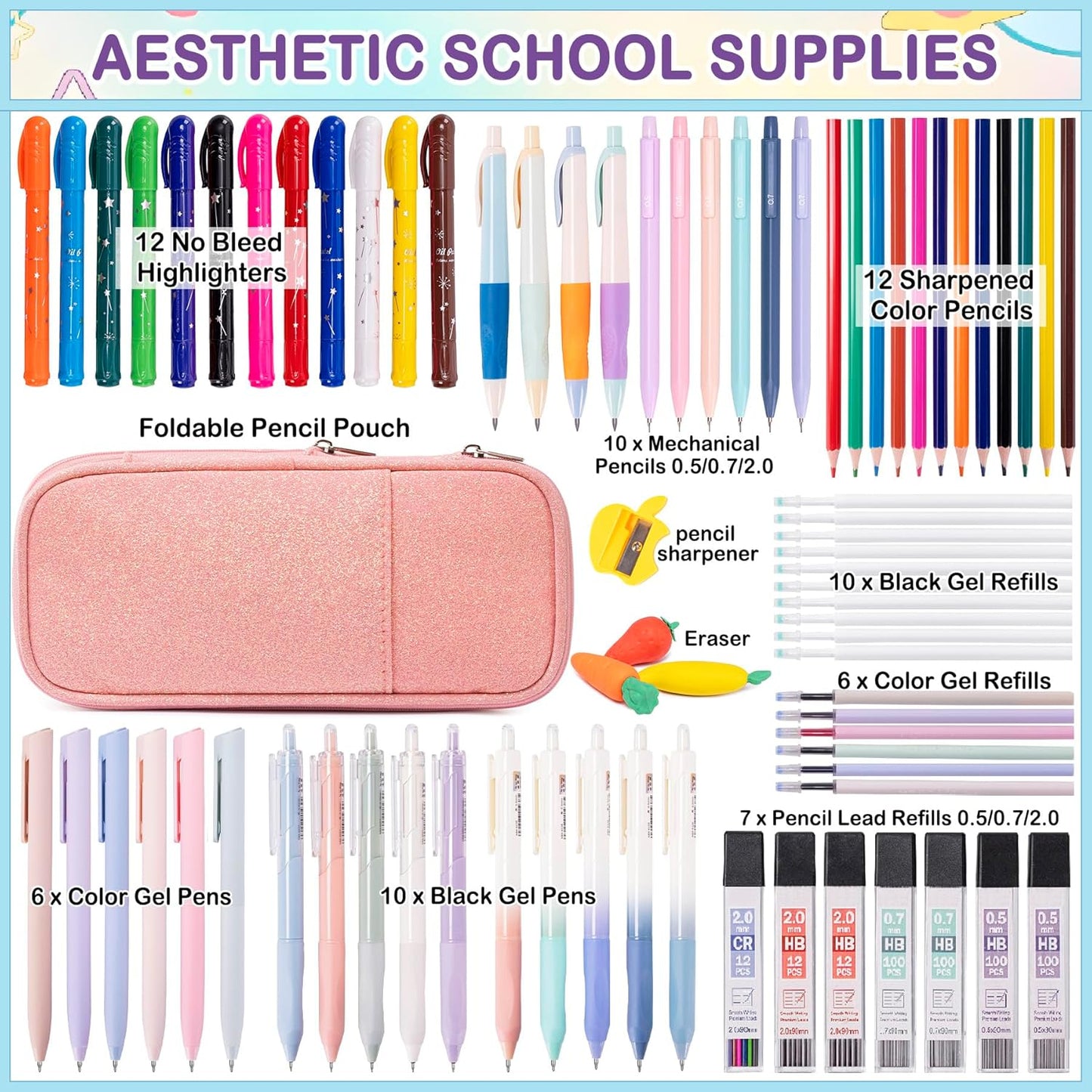 School Supplies Set for Teens Girls - Cute Pink Pencil Case, 10 Mechanical Pencils 0.5 0.7 2.0mm,12 Highlighters, 16 Pens, 452 Lead & Gel Refills Complete College Essentials, Drafting & Writing Kit
