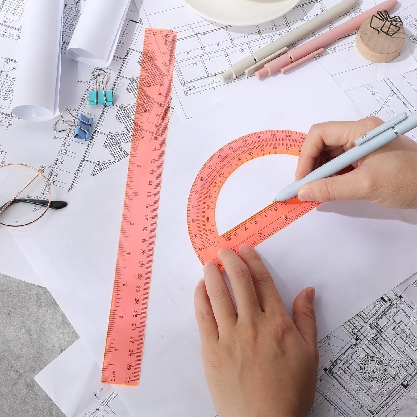 Zonon 2 Pack 12'' Plastic Ruler and 6'' Plastic Protractor Set Clear Ruler Protractor Set Math Geometry Supplies for School Classroom Home Office Drawing(Orange)