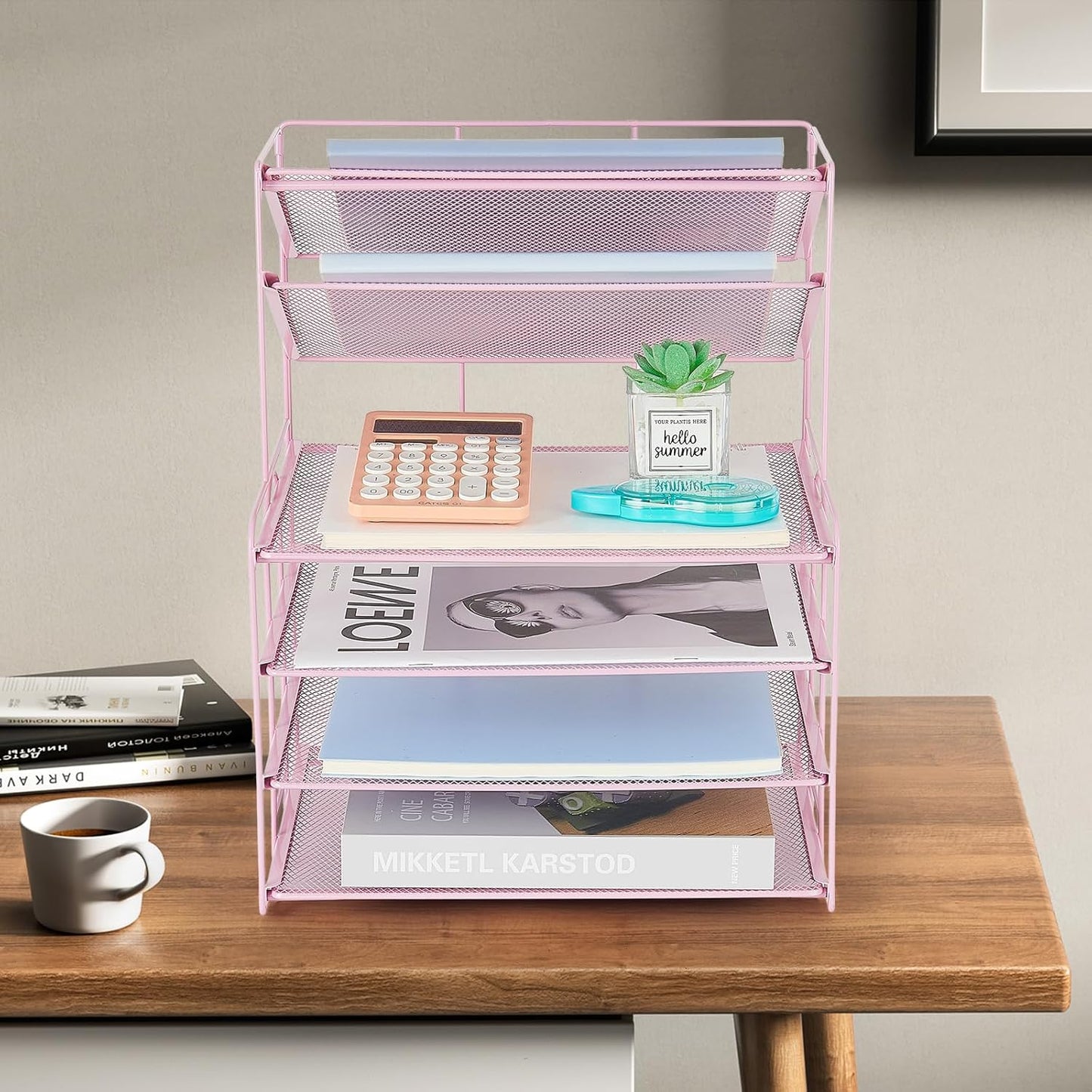 6-Tier Letter Tray Paper Organizer, Desk Organizers and Accessories, Desktop File Organizer, Office Desk Accessories for Office Supplies(Pink)