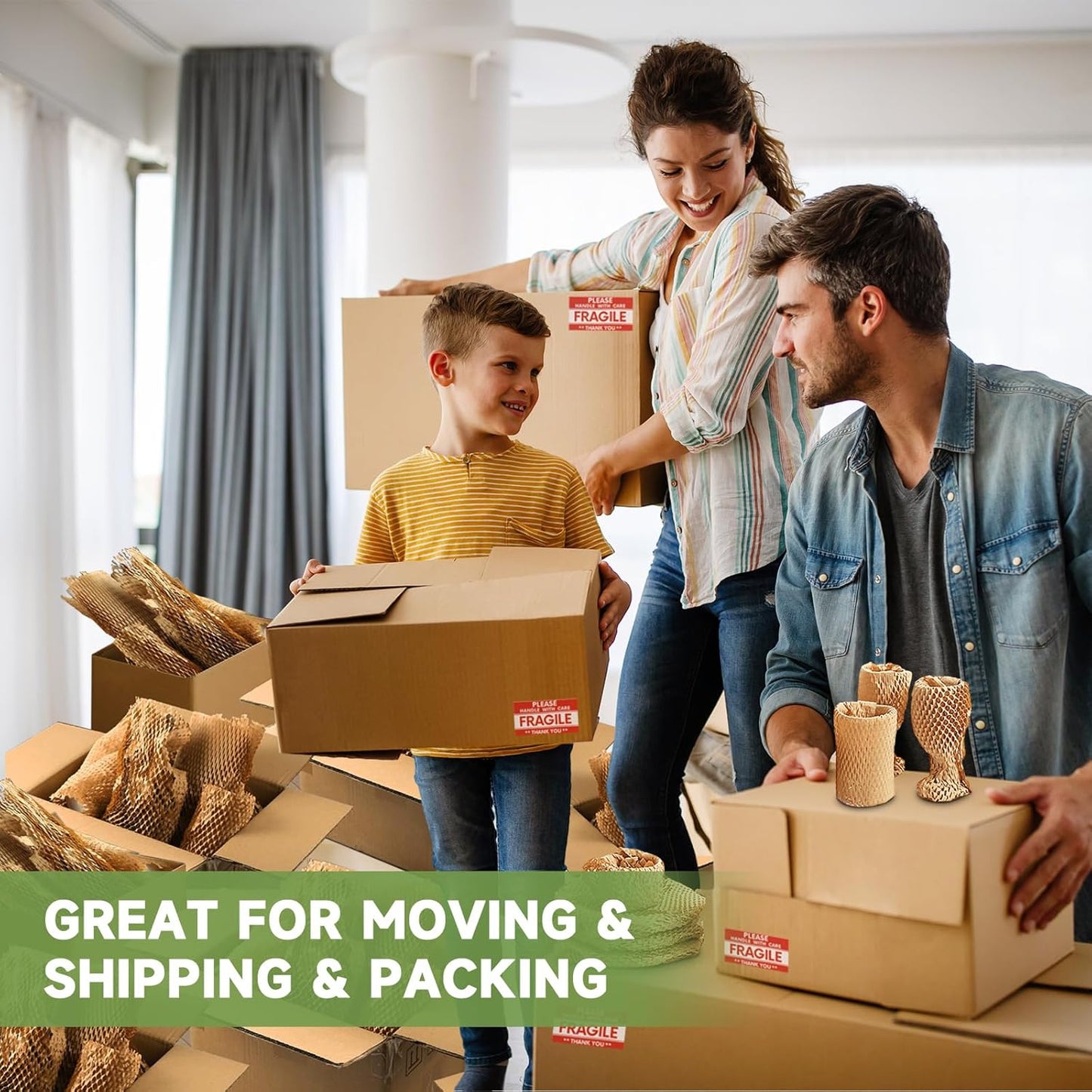 Honeycomb Packing Paper Wrap 15''x600', Substitute Alternative for Bubble Cushioning Wrap for Moving Shipping Packaging, Recyclable Moving Supplies with 48 Fragile Sticker Labels