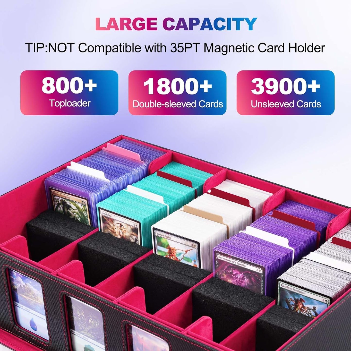 Trading Card Storage Box with Commander Display, 5 Row Magic Card Box with Handle & Aluminum Alloy Locking for 3900+ Unsleeved Cards Suits for MTG PTCG TCG Sports Cards (Black Red)