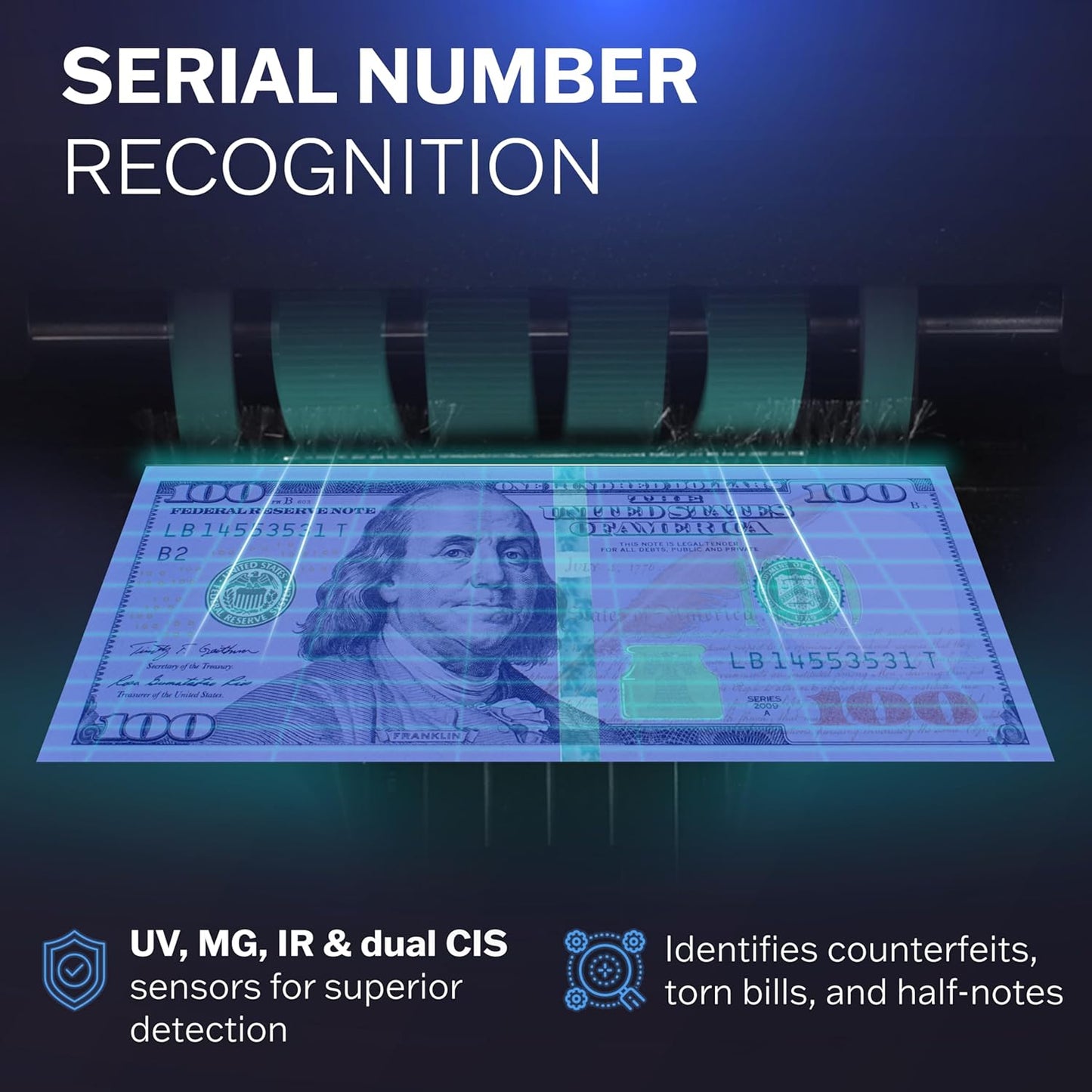 Carnation CR8 Mixed Denomination Money Sorter with Built-in Printer – Bank-Grade Bill Counter with Counterfeit Detection, Serial Number Tracking, Multi-Currency Support & 2 CIS Sensors