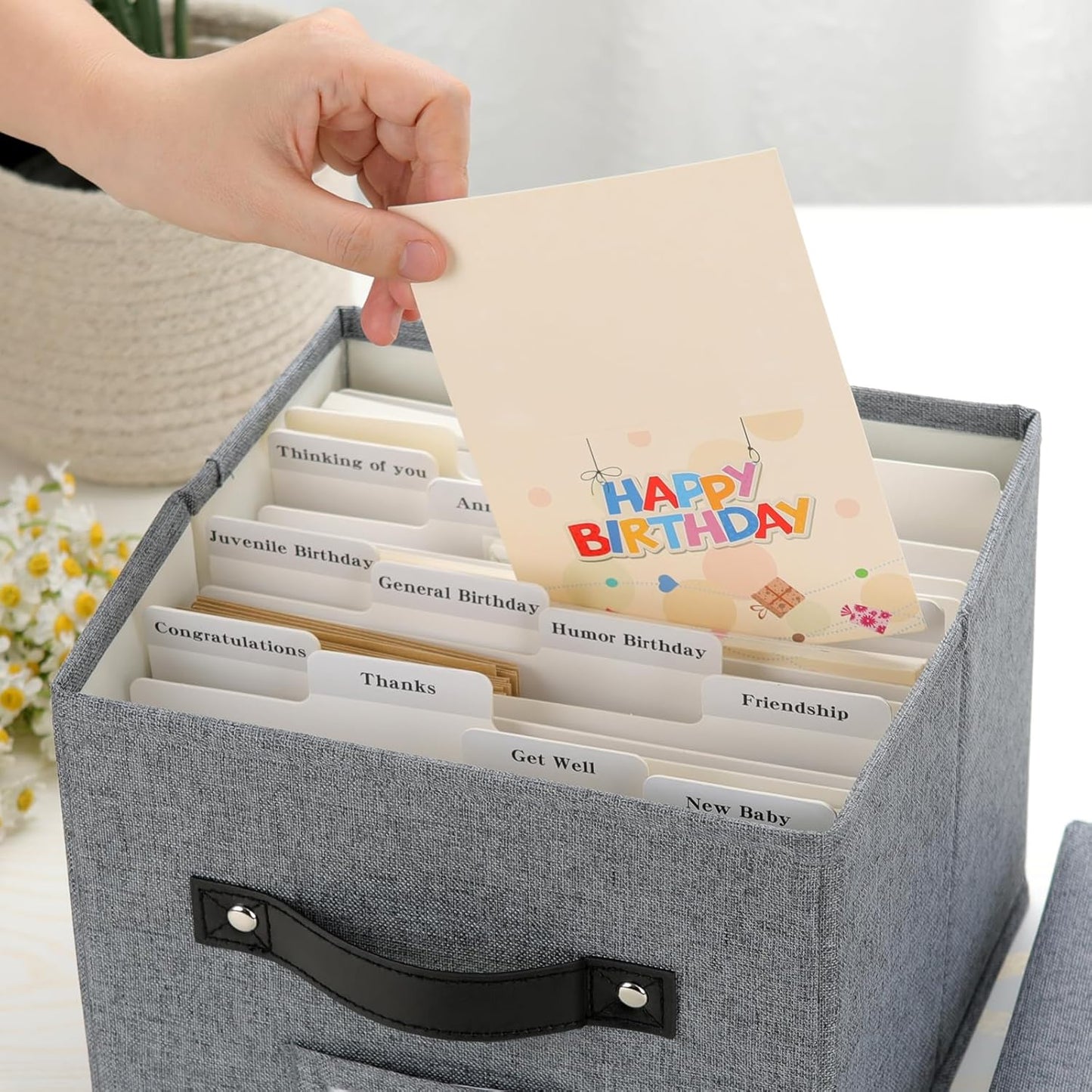 Greeting Card Organizer with dividers - Storage Box with lid Holds 150+ Cards - Assortment Box for Greeting Cards,Recipes, Photos, Envelopes, Keepsake - 9 x 9 x 7 Inches (Gray, 1 pcs)