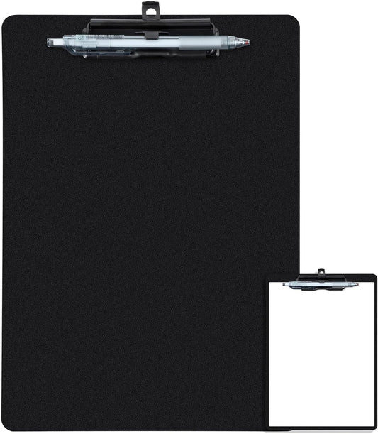 Clipboard with Pen Holder, Plastic Clipboard with Low Profile Metal Clip, Hanging Clipboards Holds 8.5x11 Inch Papers, Standard A4 Letter Size Clip Board for Office & School, Black