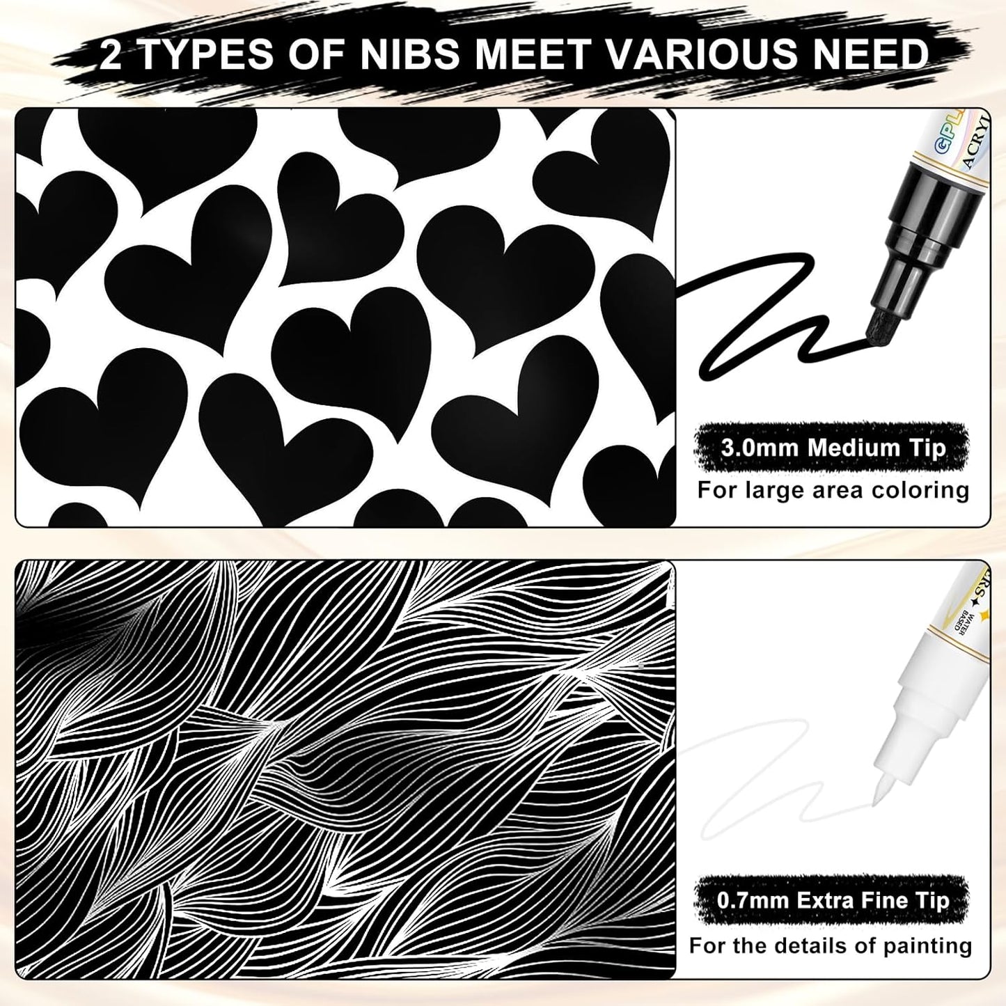 Paint Markers Paint Pens - 2 Pack Dual Tip Acrylic Permanent Marker (0.7mm & 3mm), Non-Toxic, Water-Based for Art Painting, Stone, Ceramic, Glass, Wood, Fabric, Metal, DIY Crafts (Black/White)