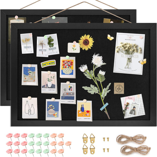 Black Cork Board Bulletin Board 16.7" x 11", 2-Pack Small Linen Corkboards with Frame for Walls, Cute Picture Display Pin Board Vision Board for Room School Office Bedroom 25 Pushpins