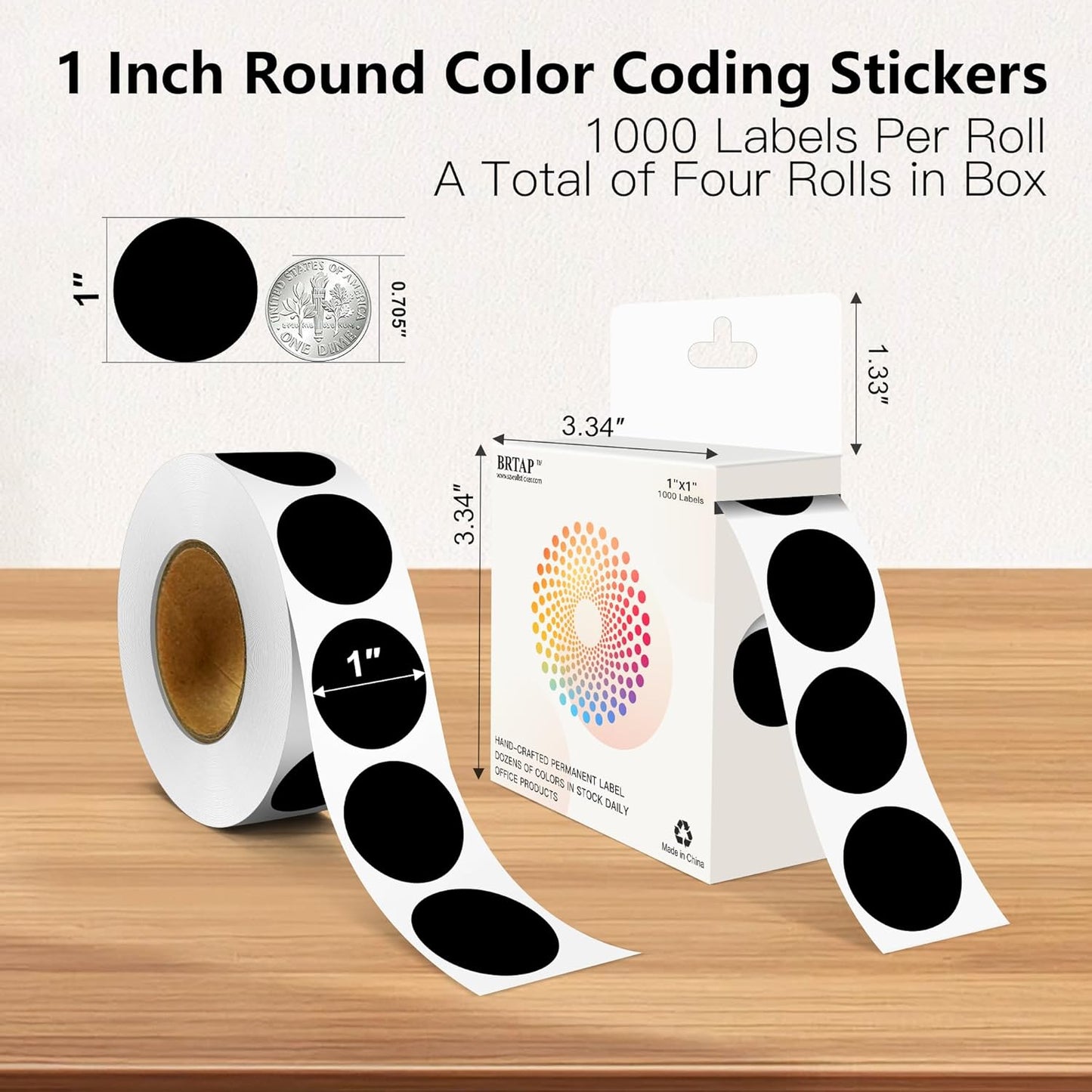 Black 1 Inch Round Color Coding Labels with 4000 Dots, 4 Rolls - Bright Color Dot Stickers for File Folders, Inventory System - Highly Visible