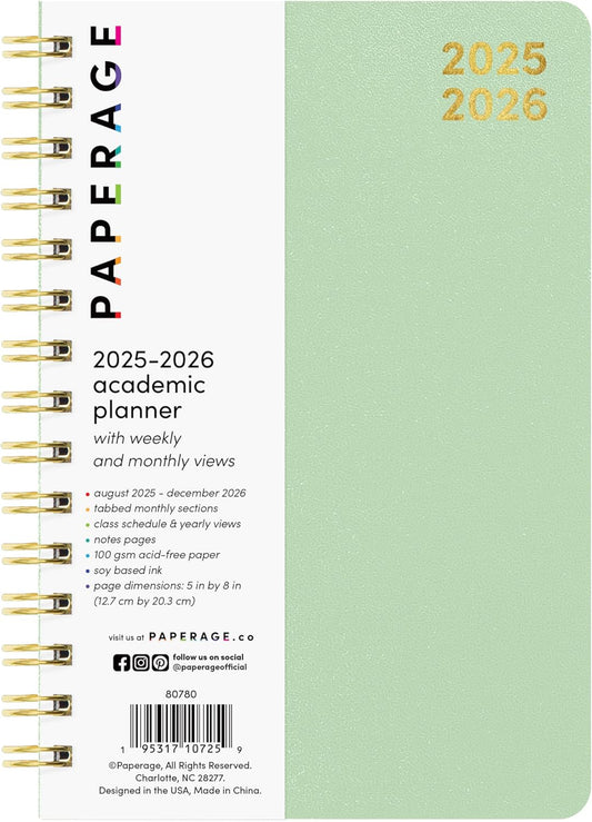PAPERAGE 17 Month Academic Planner 2025-2026, Weekly & Monthly Spreads, August 2025 - December 2026, Small (5 in x 8 in), Sage