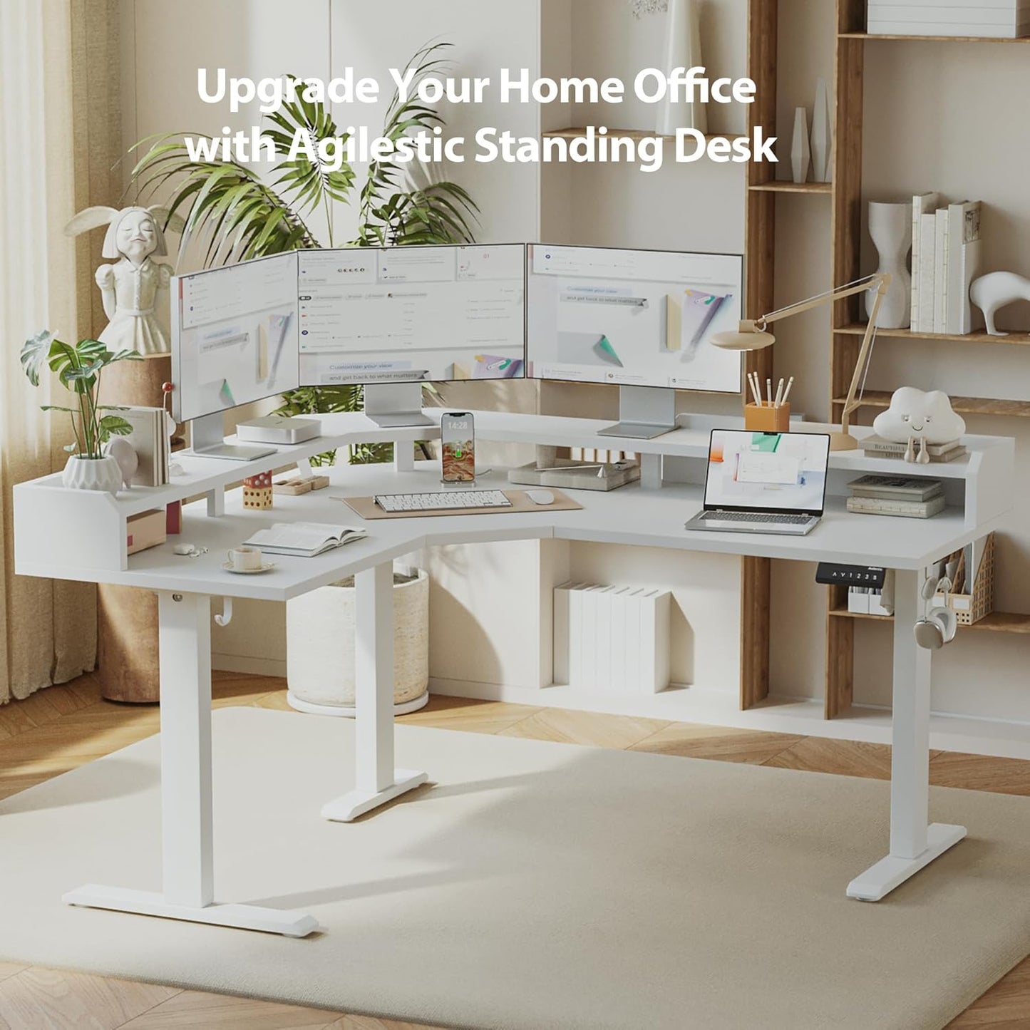 Agilestic L Shaped Standing Desk, Adjustable Height Corner Gaming Desk with Shelf, Sit Stand Up Desk, 63 x 55 Inch Home Office Computer Table, White