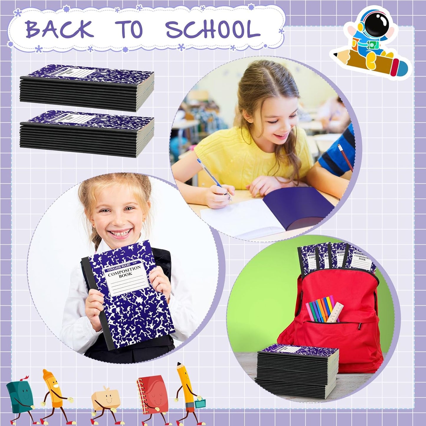 Fainne 100 Pack A5 Composition Notebooks Bulk College Ruled Composition Notebooks Marble Covers Notebook for Student Classroom Office Supplies 30 Sheet/60 Page(Purple)