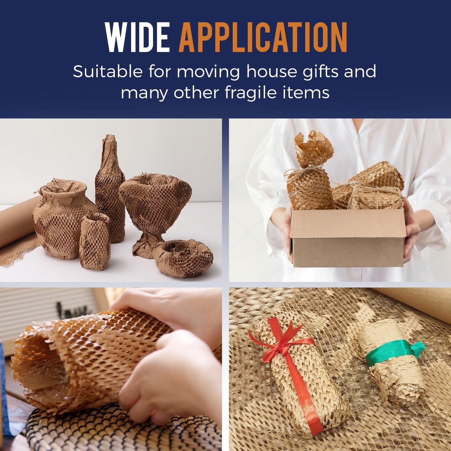 Honeycomb Packing Paper 15" x 200ft with Rope & 20 Fragile Stickers|Shipping & Moving Supplies|Small Business Packaging Supplies|Eco Friendly Bubble Wrap Packing Boxes for Moving Certified FSC C204227