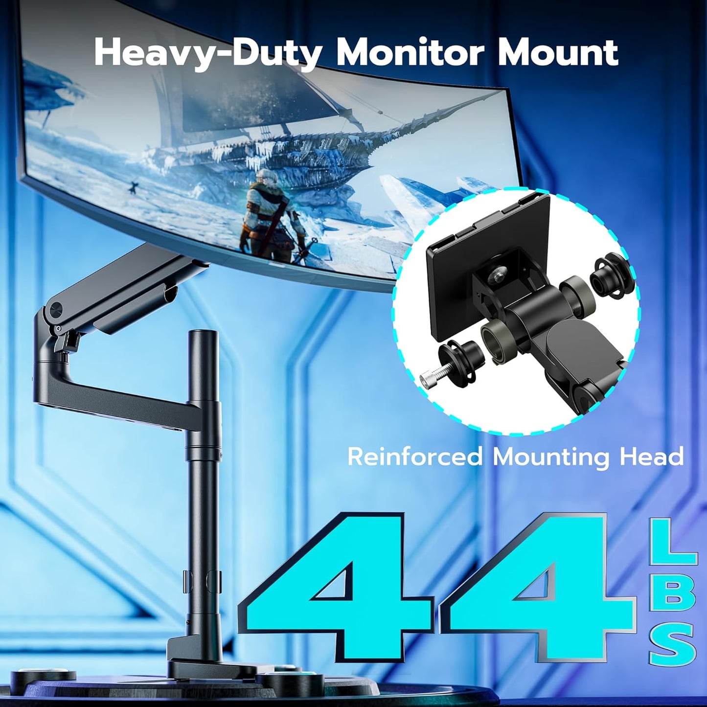 ARES WING Heavy-Duty Monitor Mount for 17-49 inches Ultrawide Curved Flat Monitors, Holds 44lbs, with 18" Extended Column for Desk, Adjustable Gas Spring, Black