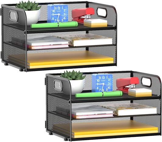 3-Tier Paper Letter Organizer Tray with Handle, Mesh Desk File Organizer for Office, Home, School - 2 Pack, Black