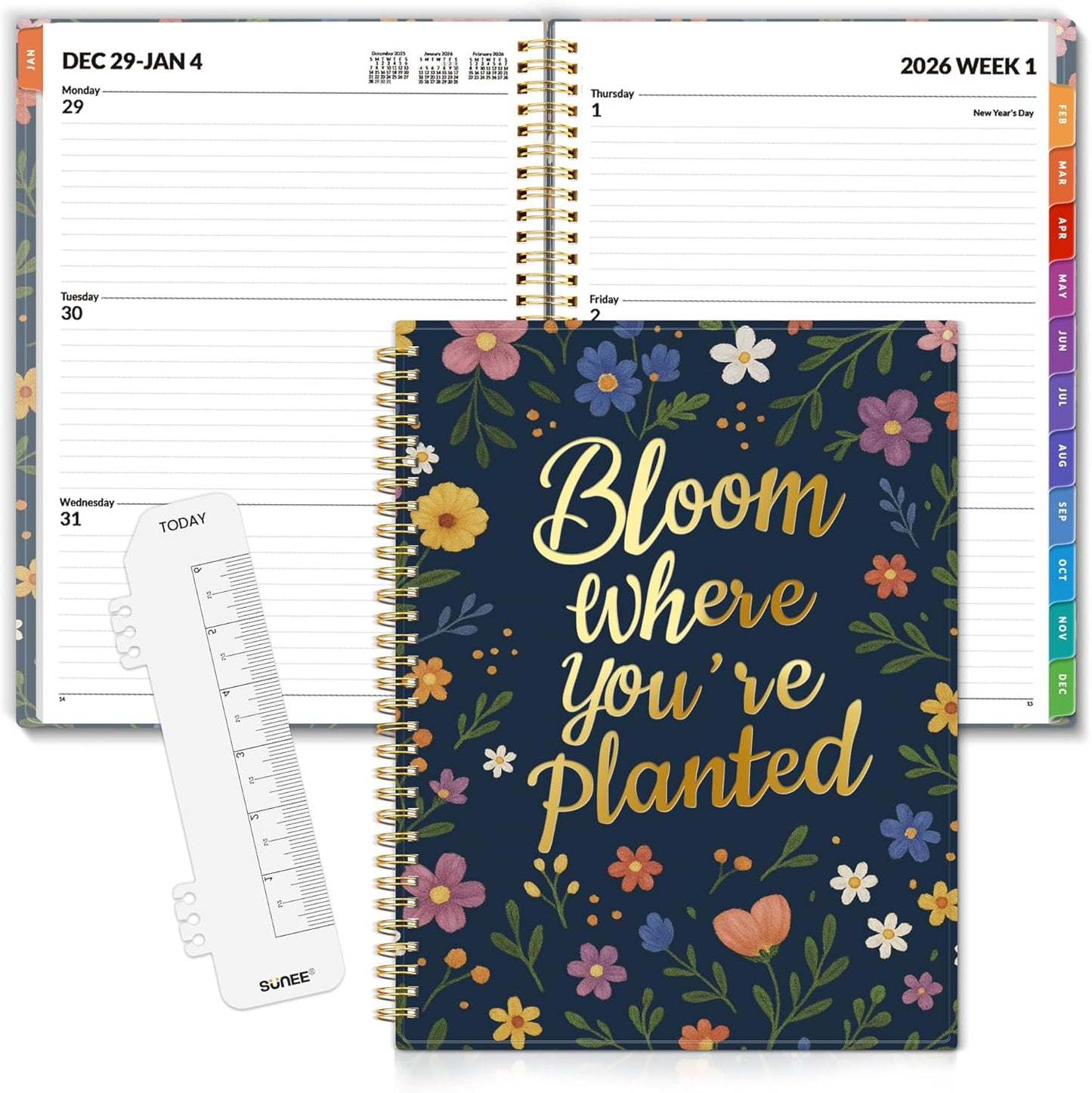 SUNEE 2026 Weekly and Monthly Planner - from January 2026 - December 2026, 8.5"x11" Daily Agenda Planner with Monthly Tab, Flexible Cover, Note Pages, Pockets, Bookmark, Spiral Binding, Navy Flower