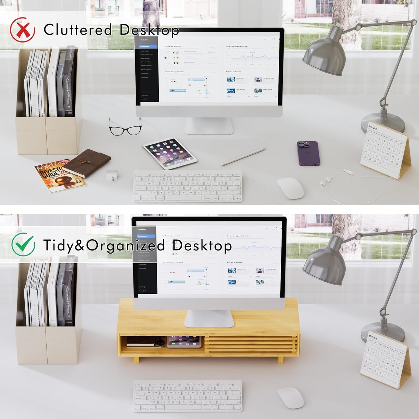 Zri Bamboo Computer Monitor Stand with Drawer, Dual Laptop Stand for Desk,Single Monitor Riser with Storage,Wood Office Desk Organizer & Accessories