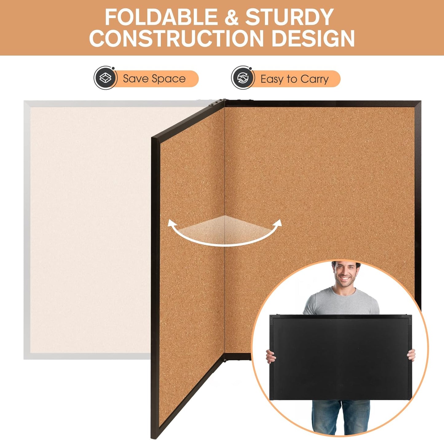 Board2by Extra Large Cork Bulletin Board 48" X 48", Foldable Notice Pin Board for Wall, Black Wood Framed 4'x4' Corkboard, Wall Mounted Noticeboard with 32 Push Pins for School, Home & Office