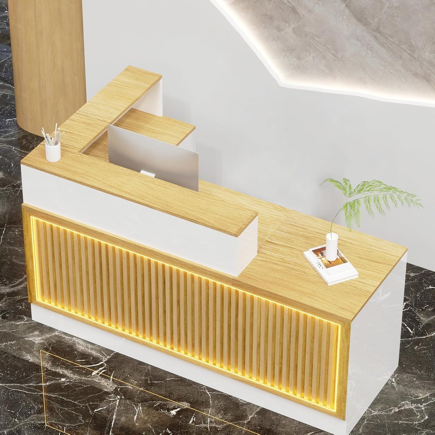 L Shaped Reception Desk, Solid Wood Front Desk with Counter & Lockable Drawers, Retail Checkout Customer 2 Person Secretary Desks for Home Office Lobby Store (70in,Right)