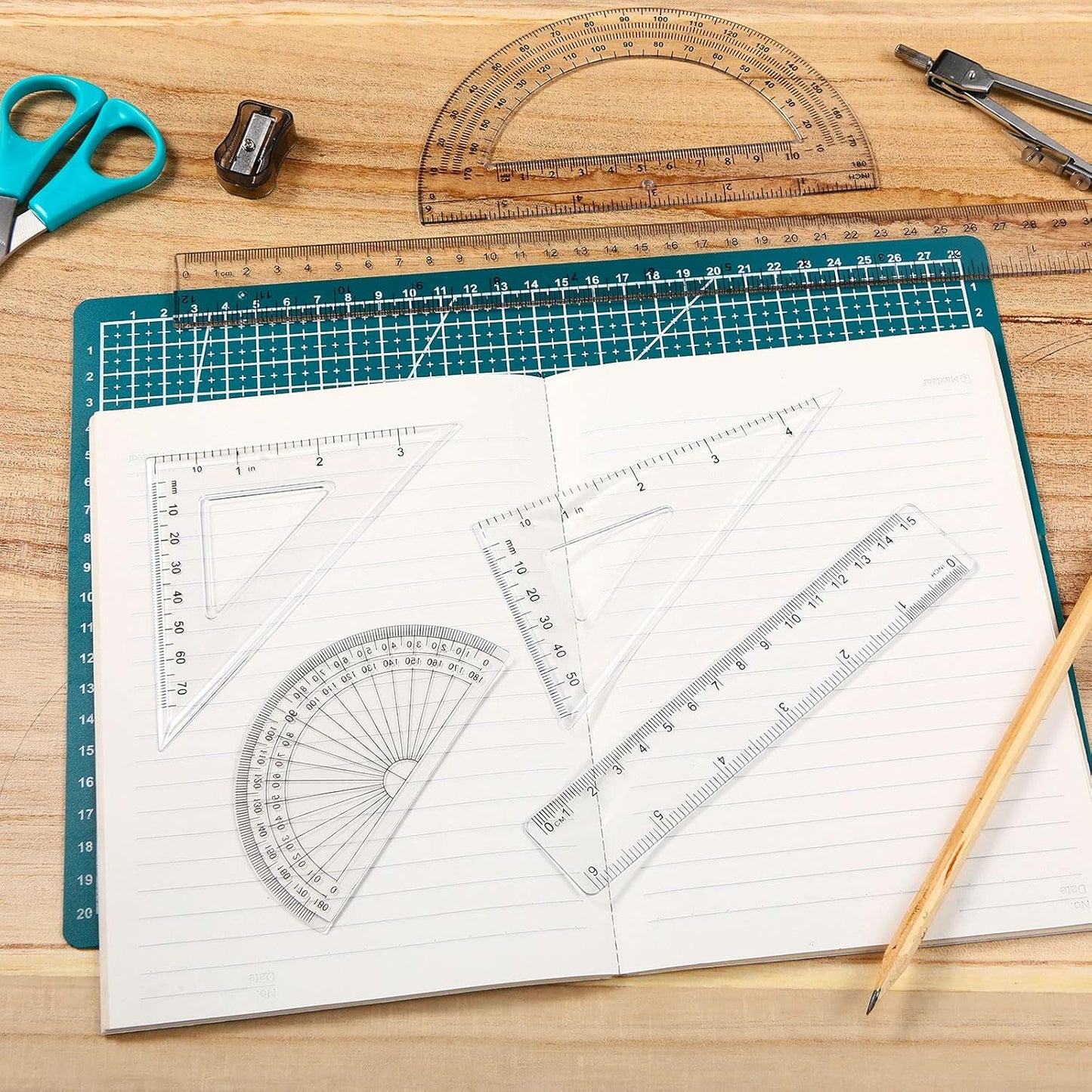 Tenare 36 Pcs Plastic Clear Math Set Includes Protractor Triangle Rulers 12 Inch 6 Inch Straight Geometry Math Transparent Ruler Measuring Tool for School Office Home Supplies