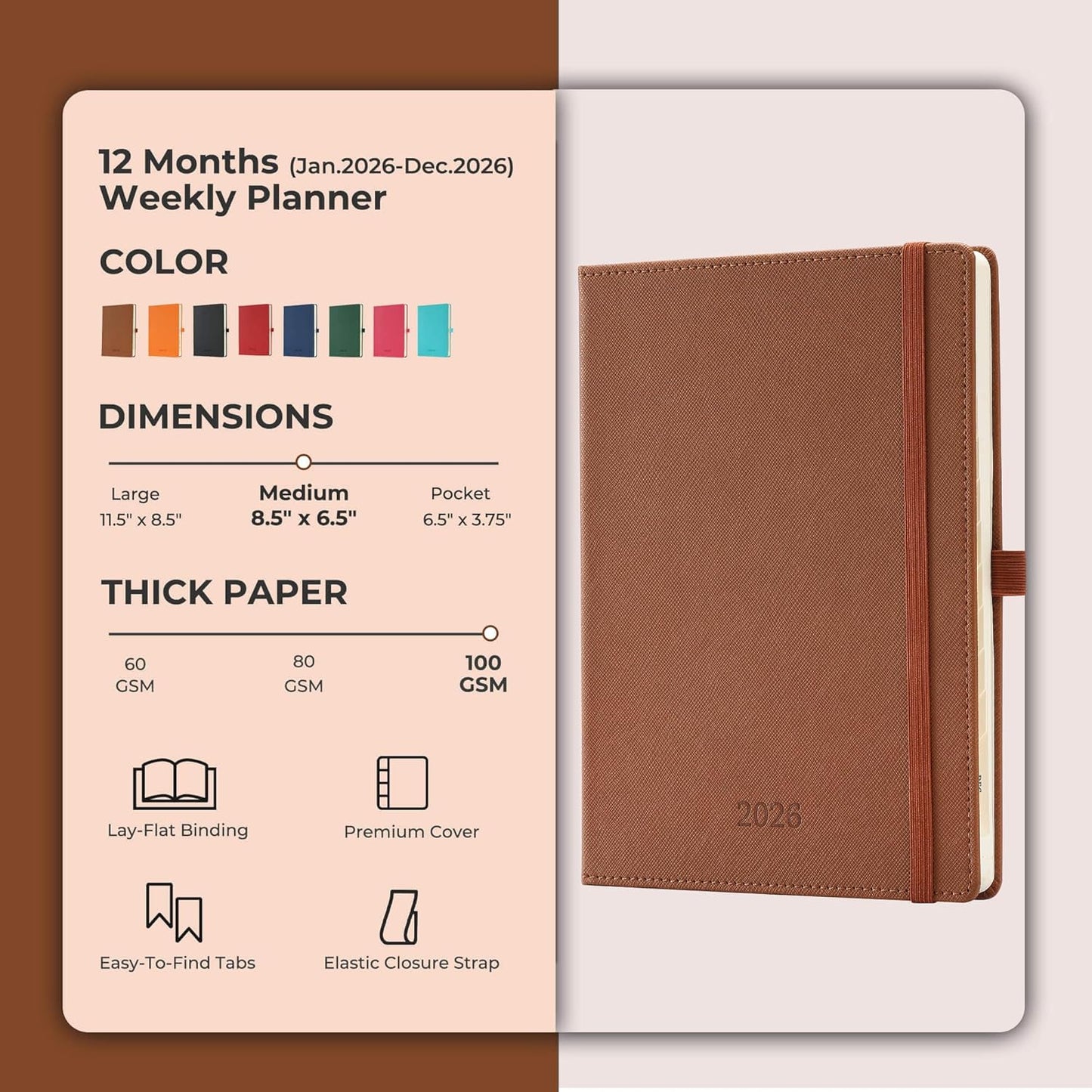 Weekly Monthly 2026 Planner (Jan.26-Dec.26),8.5"x6.5",12 Months Agenda Plan with Month Tabs & Pocket,Expenses/Note Pages, Appointment Book Calendar with Hardcover Vegan Leather Cover,Brown