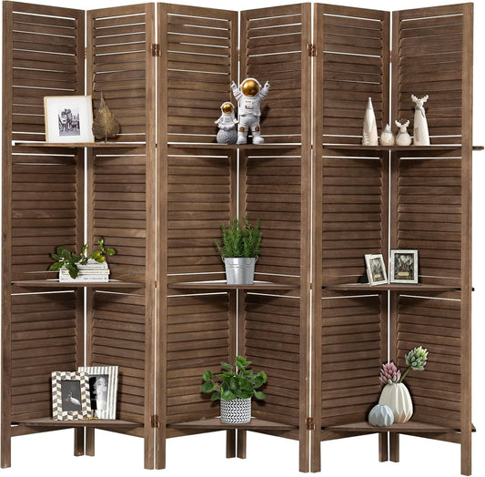 NicBex 6 Panel Room Divider,5.6FT Wood Carved Room Dividers with Display Shelves Folding Privacy Screens Portable Freestanding Partition Wall Dividers for Room Separation, Bedroom Office,Dark Brown