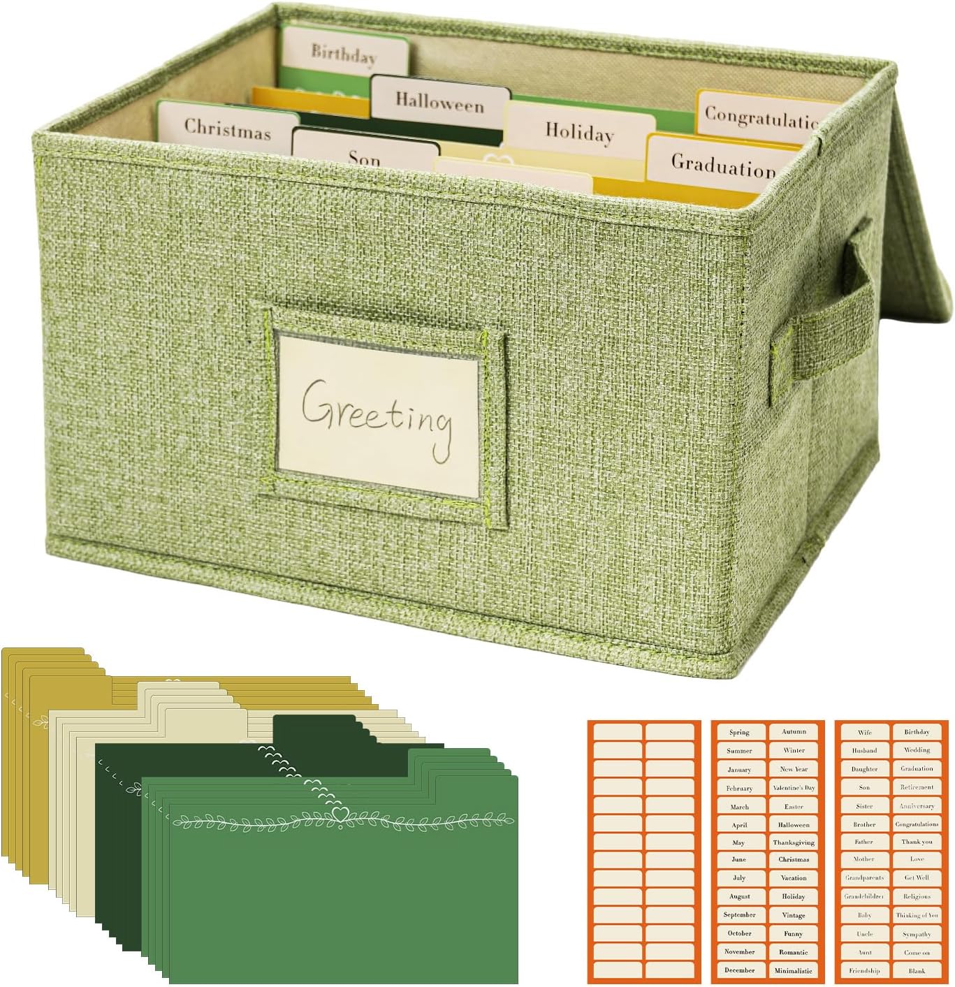 Vienrose Greeting Card Organizer Storage Box with 20 Removable Dividers, 84 Self-stick Labels, Perfect for Photos, Envelopes, Scrapbooking, Paper, Stickers Holder 1 Pack Grass Green