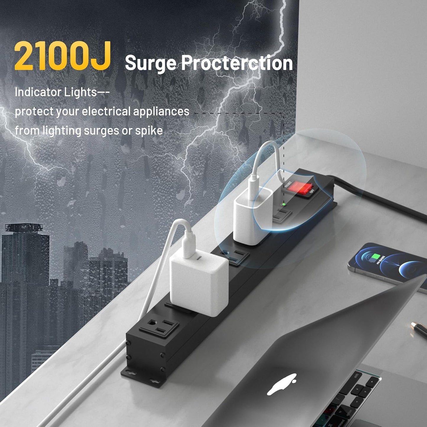 KF 6 Outlet Metal Wall Mount Power Strip, 2100J Surge Protection Heavy Duty Power Strip, 15A/1875W Mountable Power Strips with Upgraded Switch, 14AWG 10FT Power Cord, Black