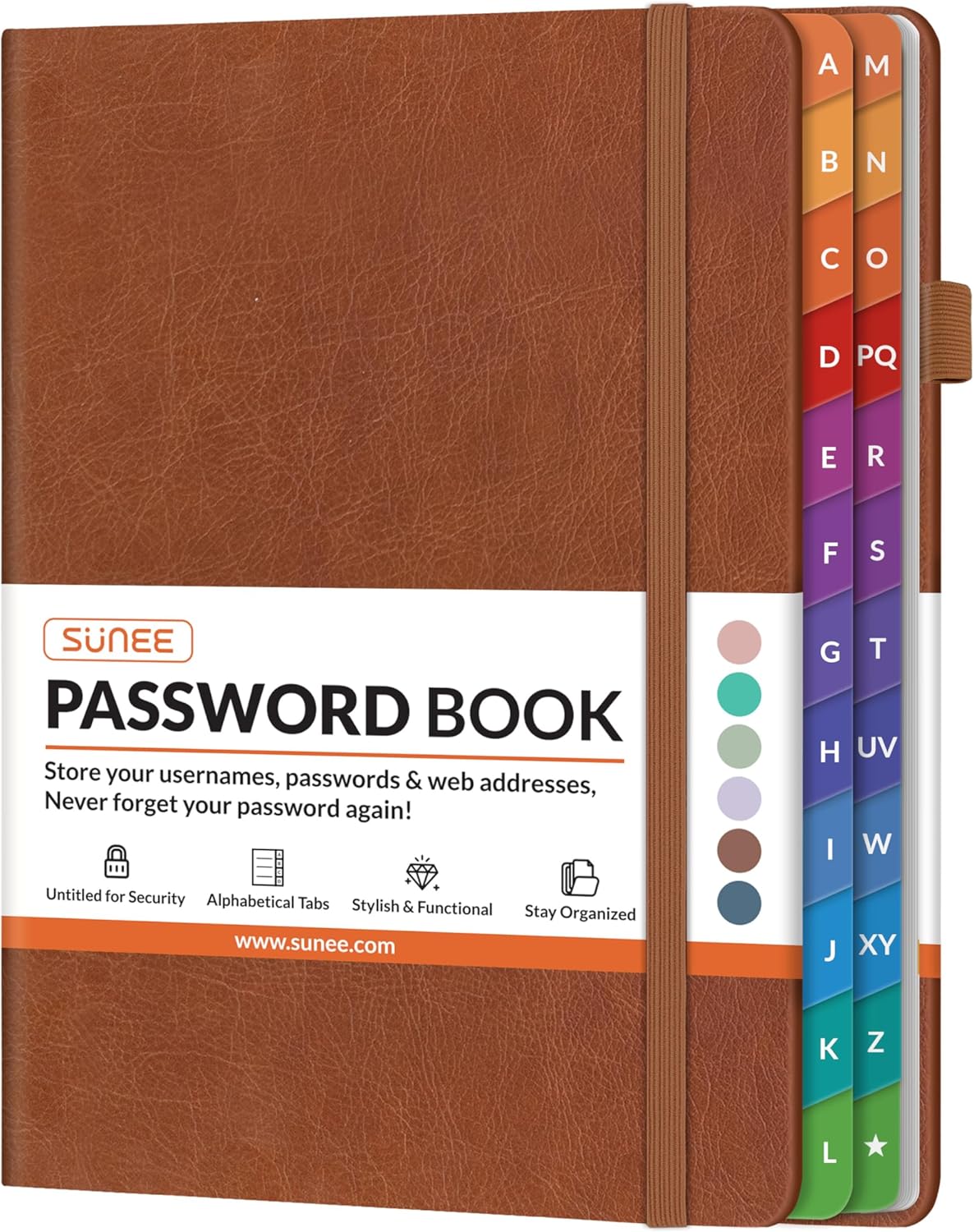 SUNEE Password Book with Colorful Alphabetical Tabs, Password Books for Seniors, Password Keeper Book for Computer and Internet Address Website Login, 5.3''x 7.7''- Brown