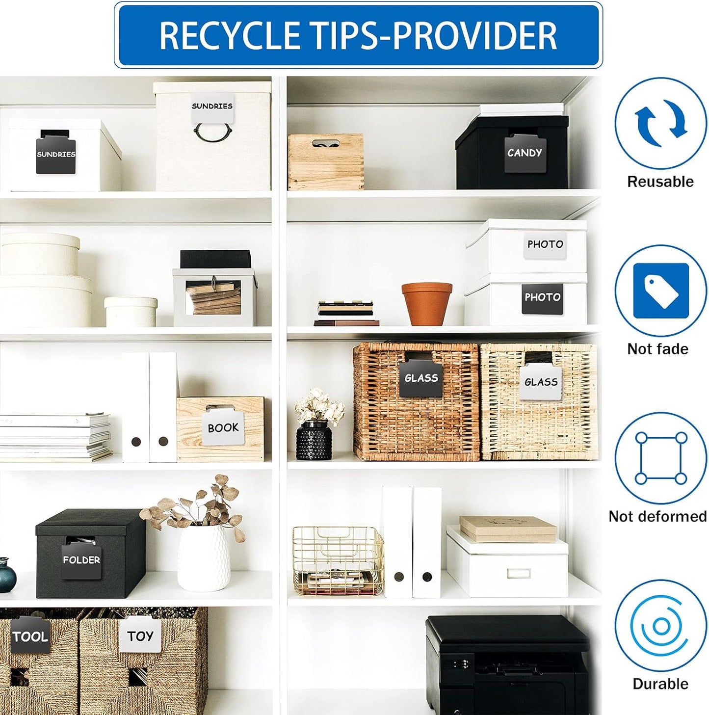 32 Pieces Basket Labels Clip Set, Include 30 Kitchen Clip Label Holder Removable PVC Bin with 2 Chalk Marker for Basket Pantry Organization Box (White and Black Label Clip, White and Black Pen)