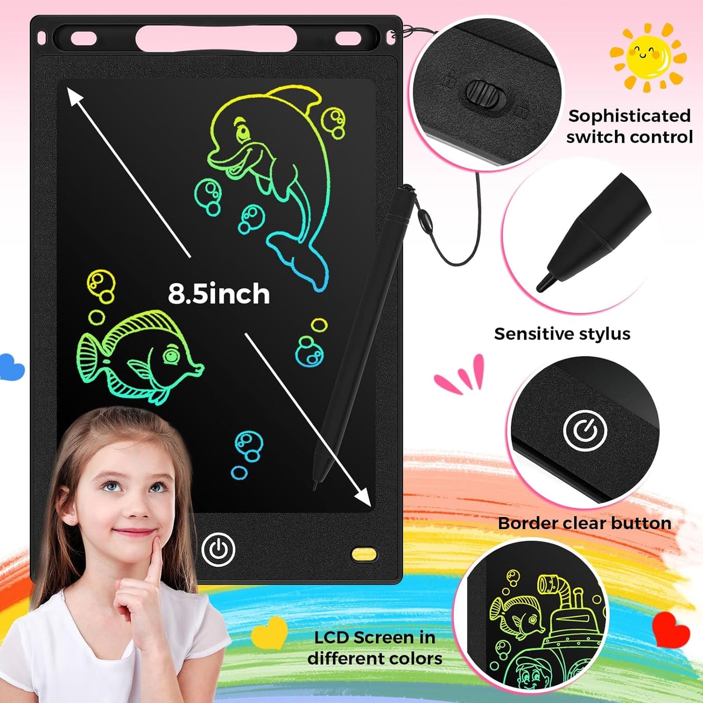 Zonon 4 Pcs LCD Writing Tablet 8.5 Inch Doodle Board Tablet Drawing Gifts LCD Writing Board Electronic Erasable Reusable Colorful Screen Pad(Black)