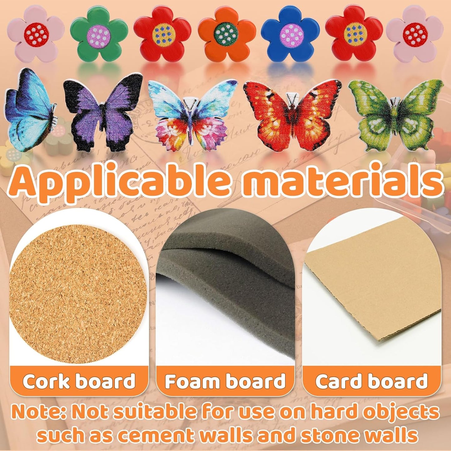 80 Pcs Push Pins for Cork Board, Decorative Thumb Tacks Wooden Push Pins Head Pin Wood Map Tacks Pin, Wood Thumb Tacks for Bulletin Boards Craft Projects with Storage Box-Flower and Butterfly