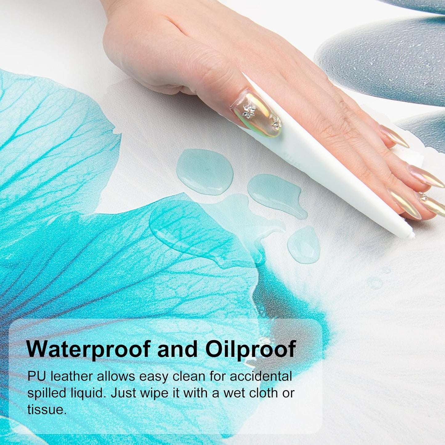 QIYI Desk Pad, Non-Slip PU Leather Desk Blotter Protector, Kids Floral Print Waterproof Computer Desk Mat, Thick Home & Office Large Keyboard Mouse Pad 31.5" x 11.8" - Pebbles & Blue White Flowers