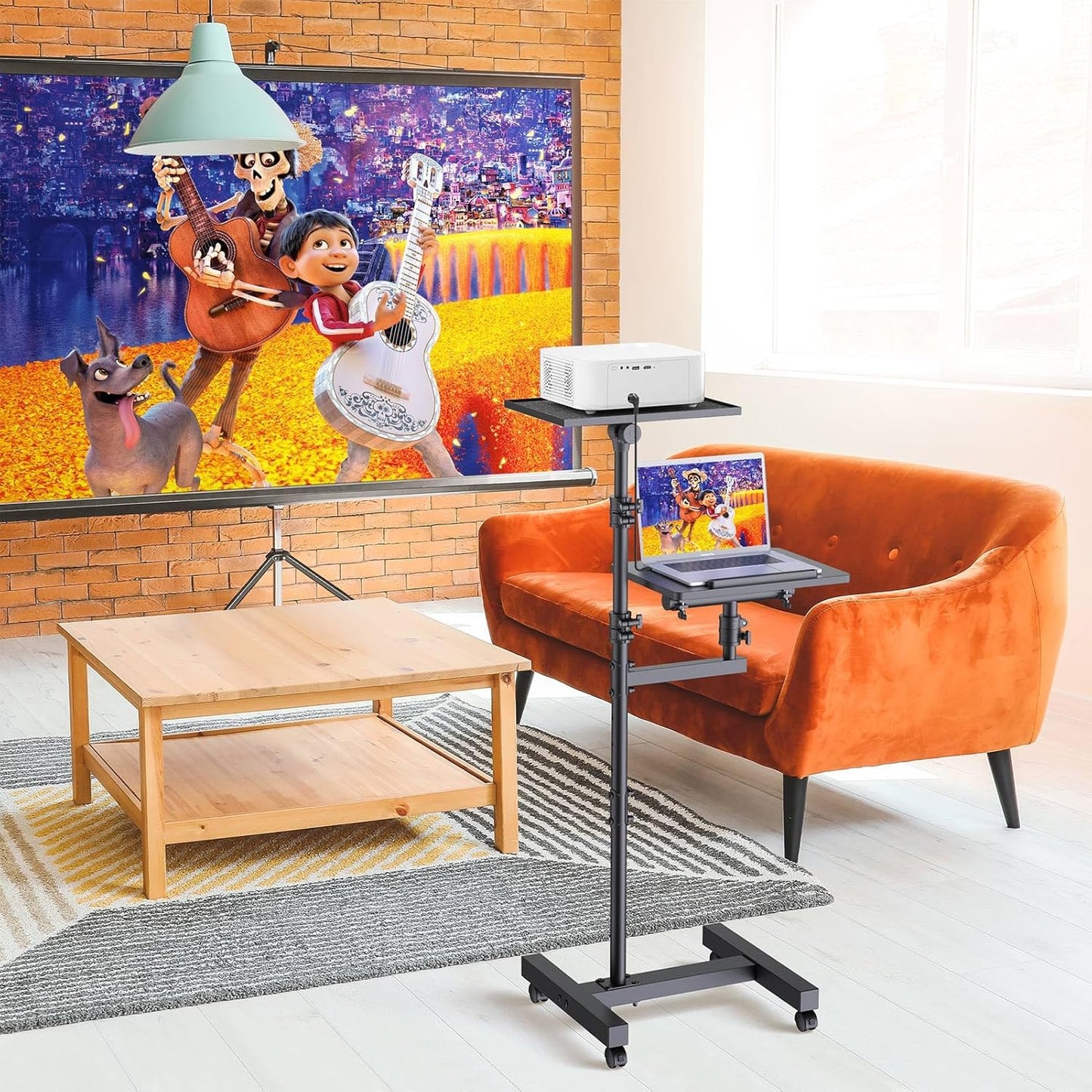 2 Shelves Projector Stand Tripod, Mobile Laptop Cart on Wheels Projector Tripod Stand Adjustable Height 45 to 64 Inches, Overbed Table with Wheels, Rolling Laptop Floor Stand for Couch