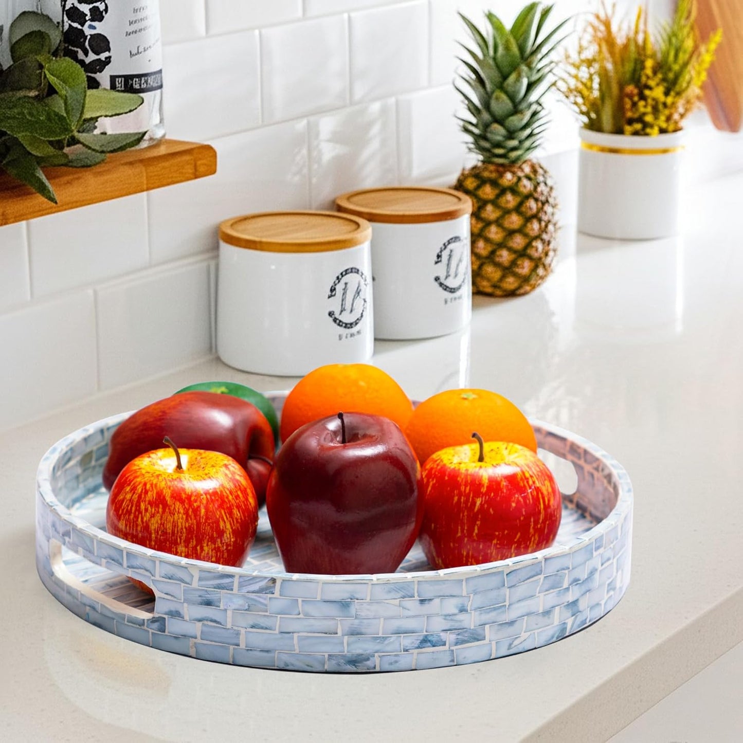 CLAYNIX Serving Tray 12.5 Inch, Wooden Lacquer Tray with Mother of Pearl Inlay, Elegant Tea & Breakfast Tray with Handles (Round)