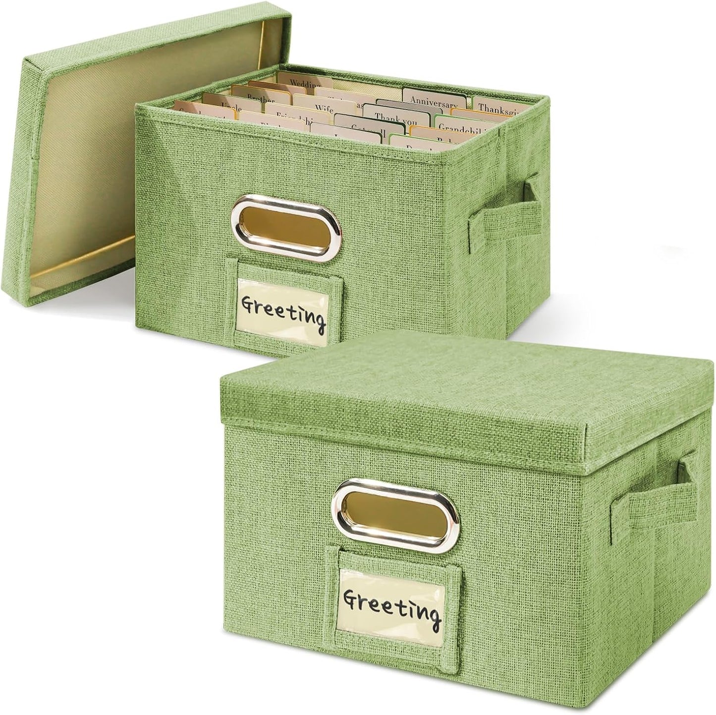 Vienrose Greeting Card Organizer 2 Pack, Storage Box with 40 Adjustable Dividers, Foldable Organizer Box Holds over 150 Cards, Storage Stickers Recipes Photos Envelopes Bills Vinyl Records, GrassGreen