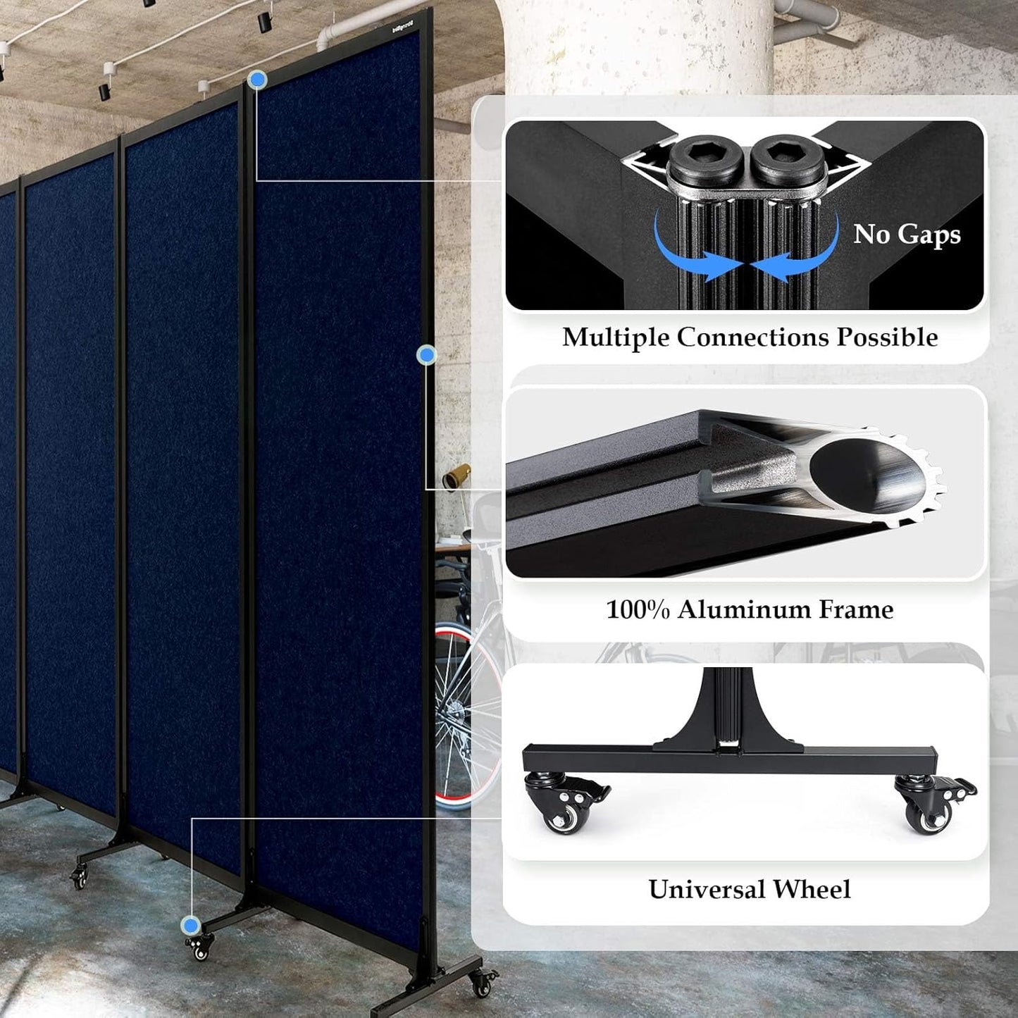 Upgrade Version Room Partition and Divider, Freestanding Rolling Dividers with Wheels,Office Privacy Screen Divider Wall,Classroom Felt Dividers,10'6"L* 6'7"H,5 Panel,Blue