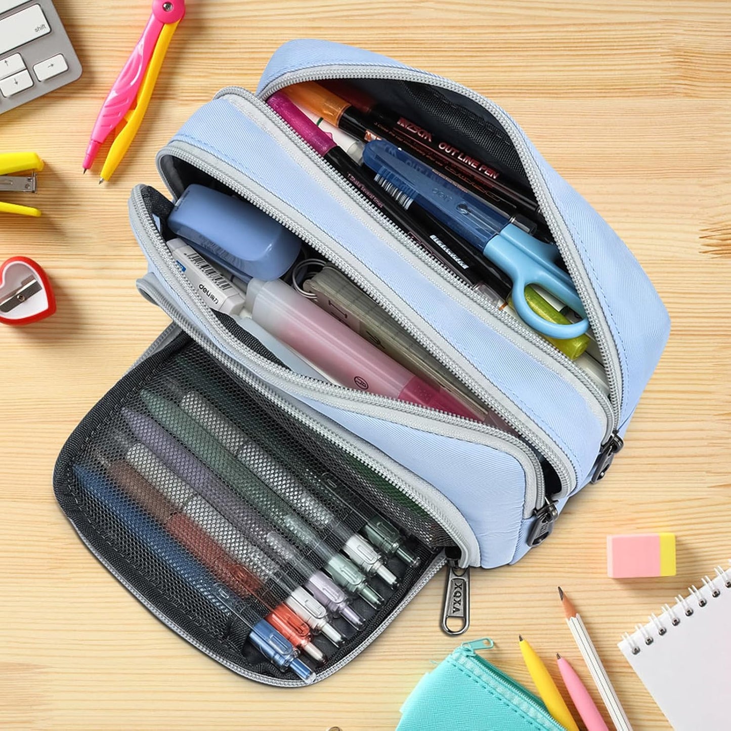 XQXA Pencil Pouch Large Capacity Pencil Case Organizer, Multifunctional Pencil Pouch with 3 Compartmens, Big Pencil Bag for Office Travel Men Women Adult (01-Haze Blue)