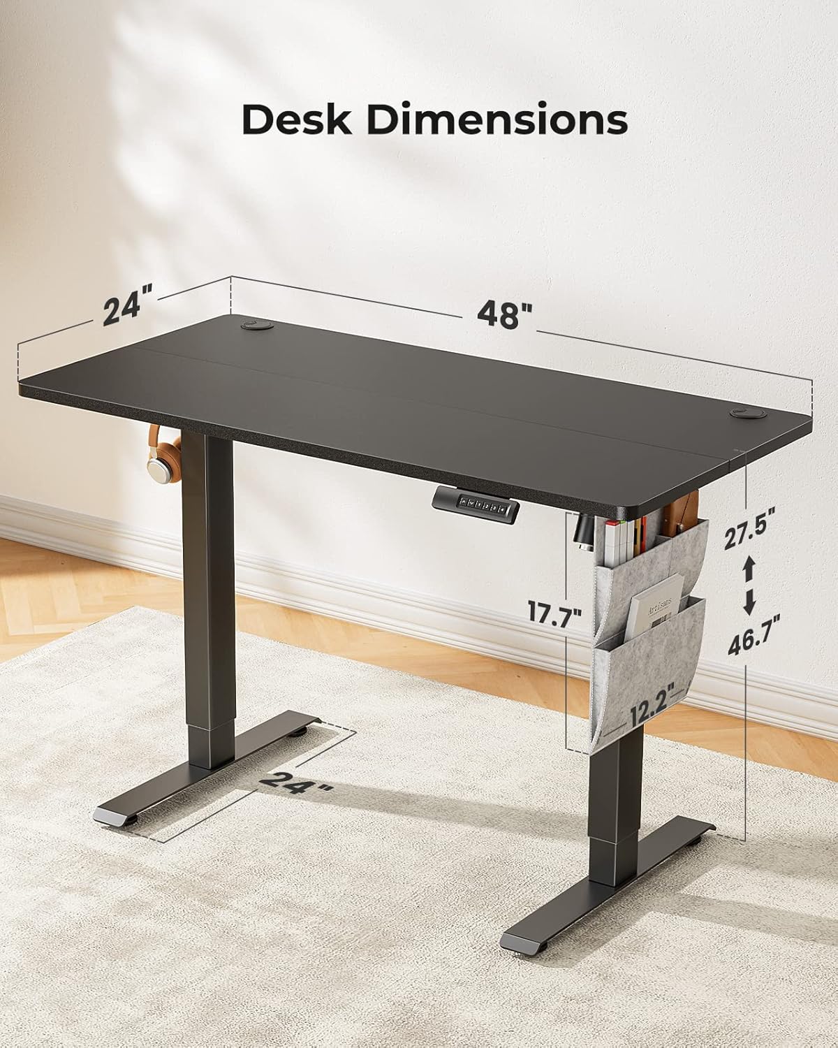 Marsail Electric Adjustable Height Standing Desk with Storage Bag, 48 * 24" Sit Stand Up Desk for Home Office,Computer Gaming Workstation, 4 Memory Height Settings,Cable Manager, and Headphone Hook