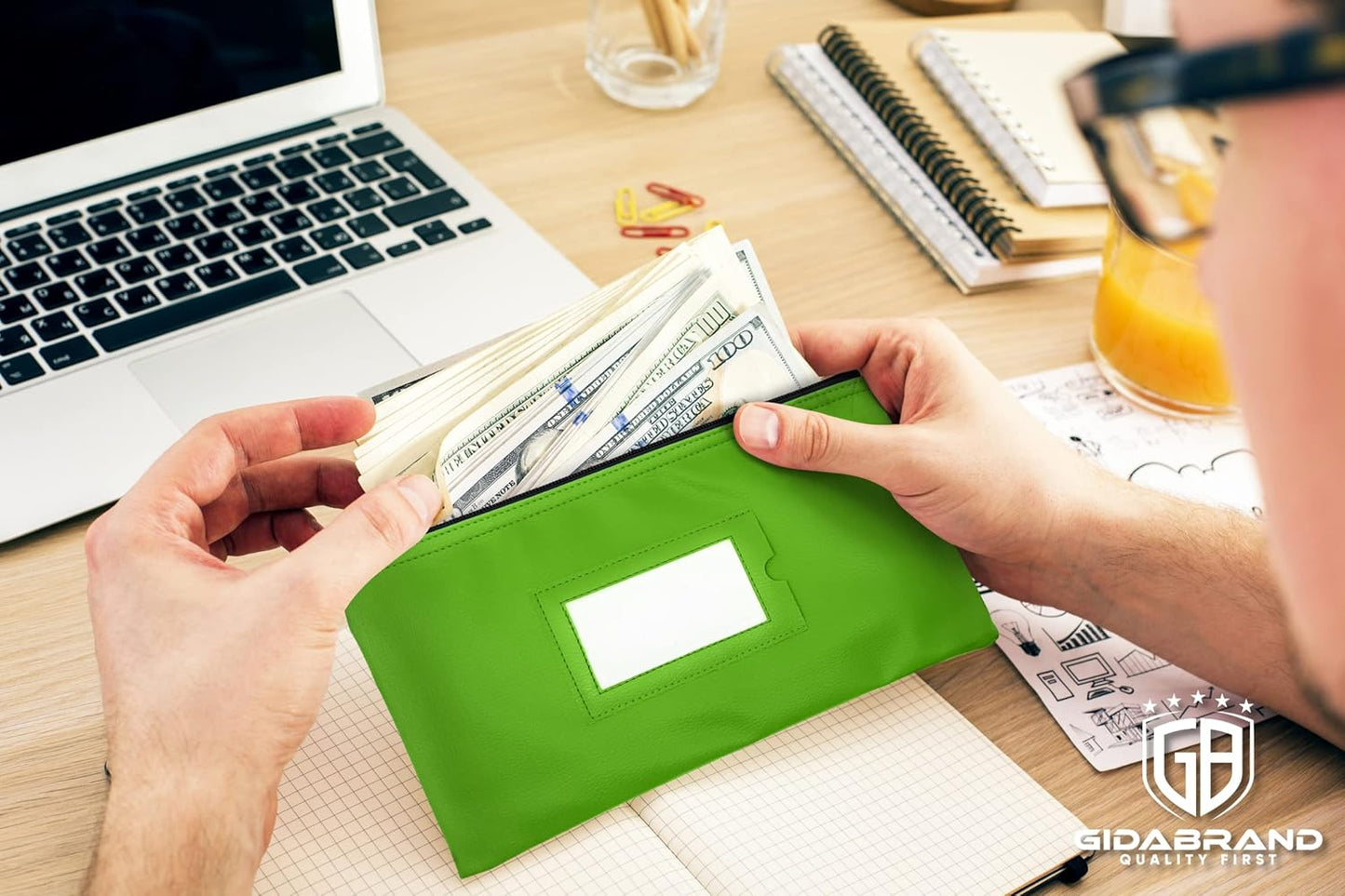 Money Bank Deposit Bag with Zipper | 11x6 inch | Light Green | Durable Leatherette Money Cash Coin Check Wallet Pouch for Men & Women with Framed ID Window and Blank Card | by GIDABRAND (3)