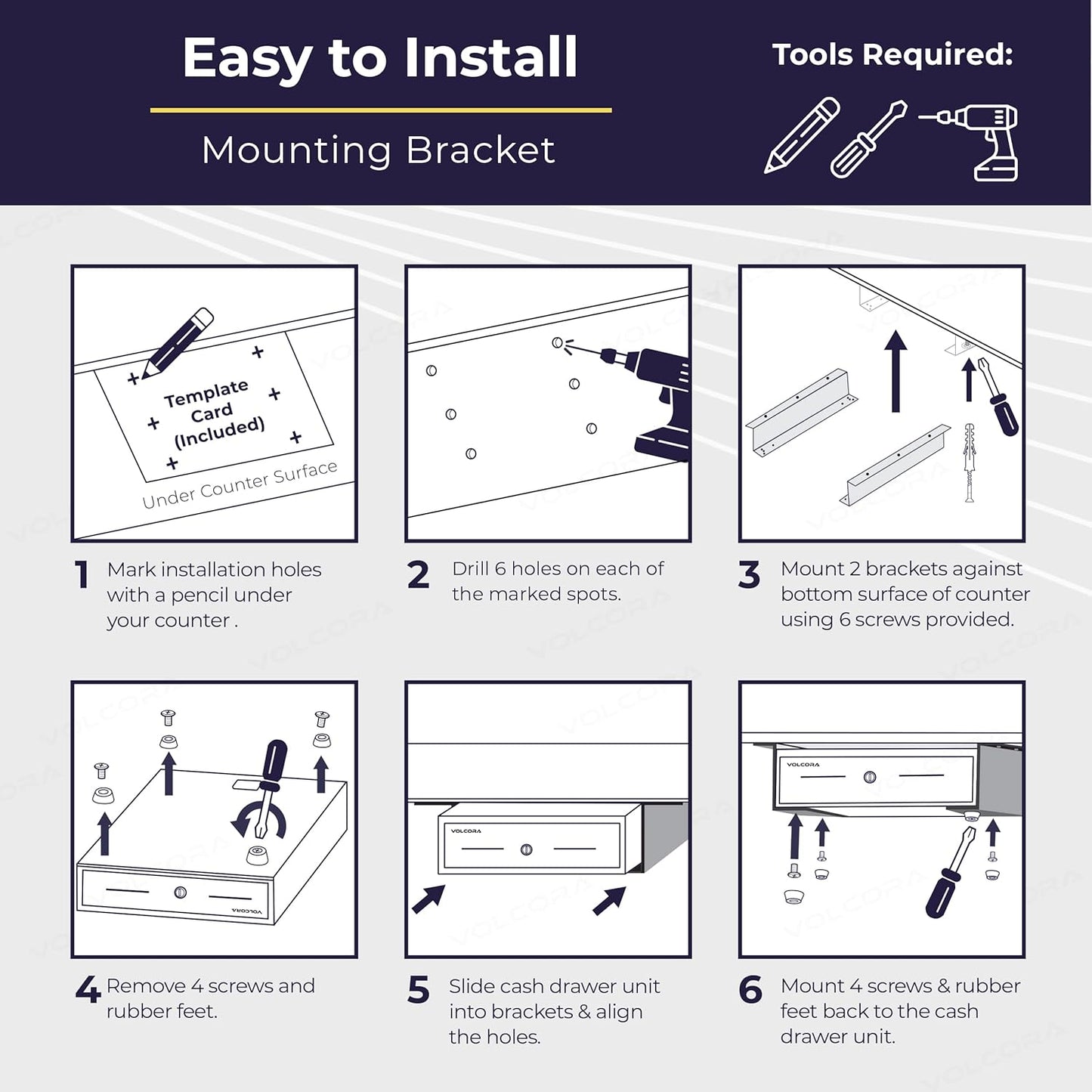 Volcora Cash Register Drawer with Under Counter Mounting Metal Bracket - 16" Black Cash Drawer for POS, 5 Bill 6 Coin Cash Tray, Removable Coin Compartment, 24V RJ11/RJ12 Key-Lock, Media Slot