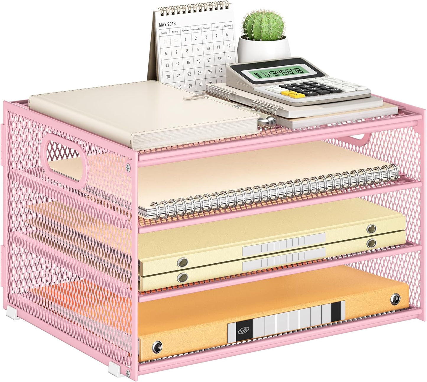 Subekyu Paper Letter Tray Organizer for Desk, Pink Metal Mesh Desk File Sorter Organizer with Handle and 2 Sliding Trays for Home Office School Supplies Organization